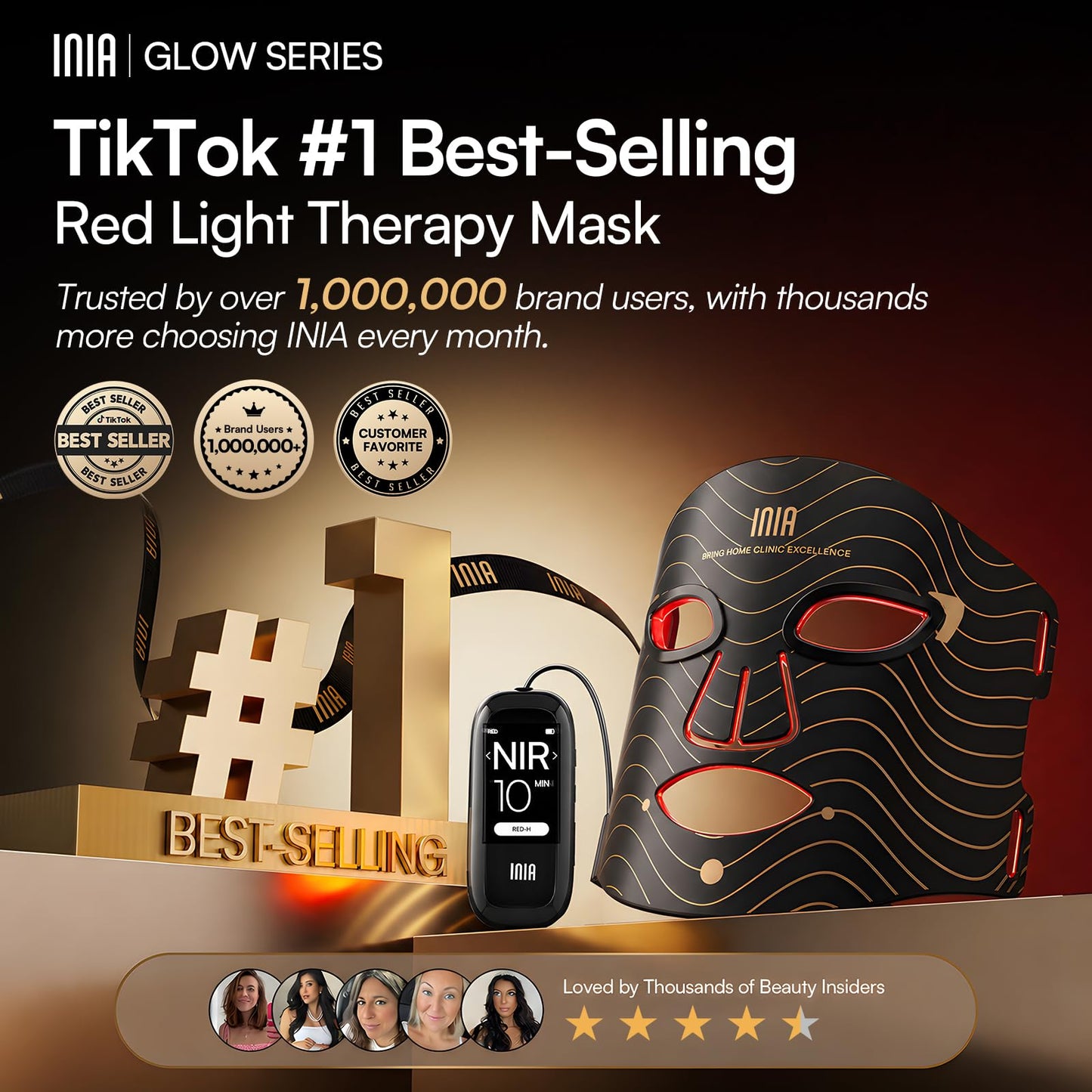 INIA Red Light Therapy Mask for Face, 850nm NIR, Red/Blue LED Light 4 Modes