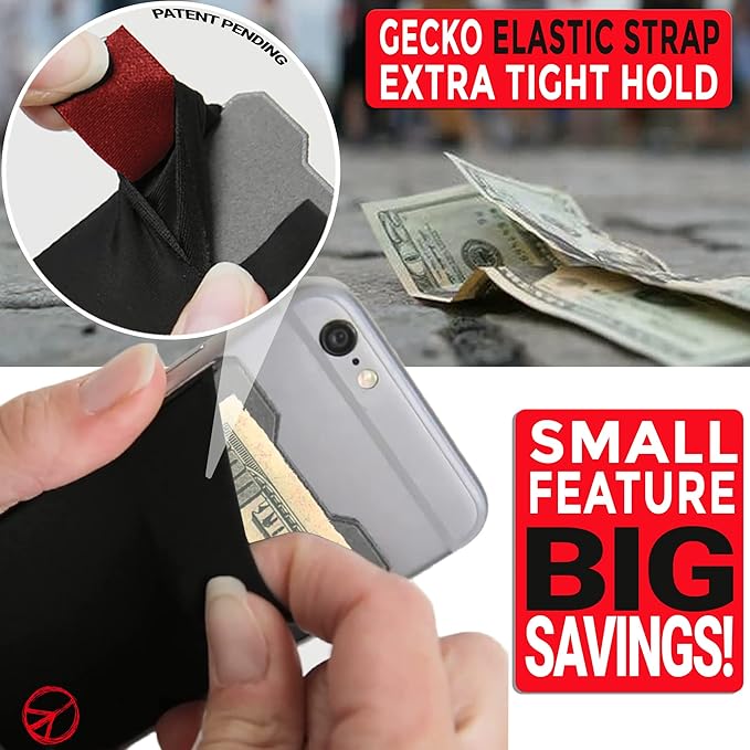 Gecko Travel Tech Double Pocket - Adhesive Card Holder - Cell Phone Pouch - Stick on Spandex Pocket - Carry Credit Cards and Cash (Peace)