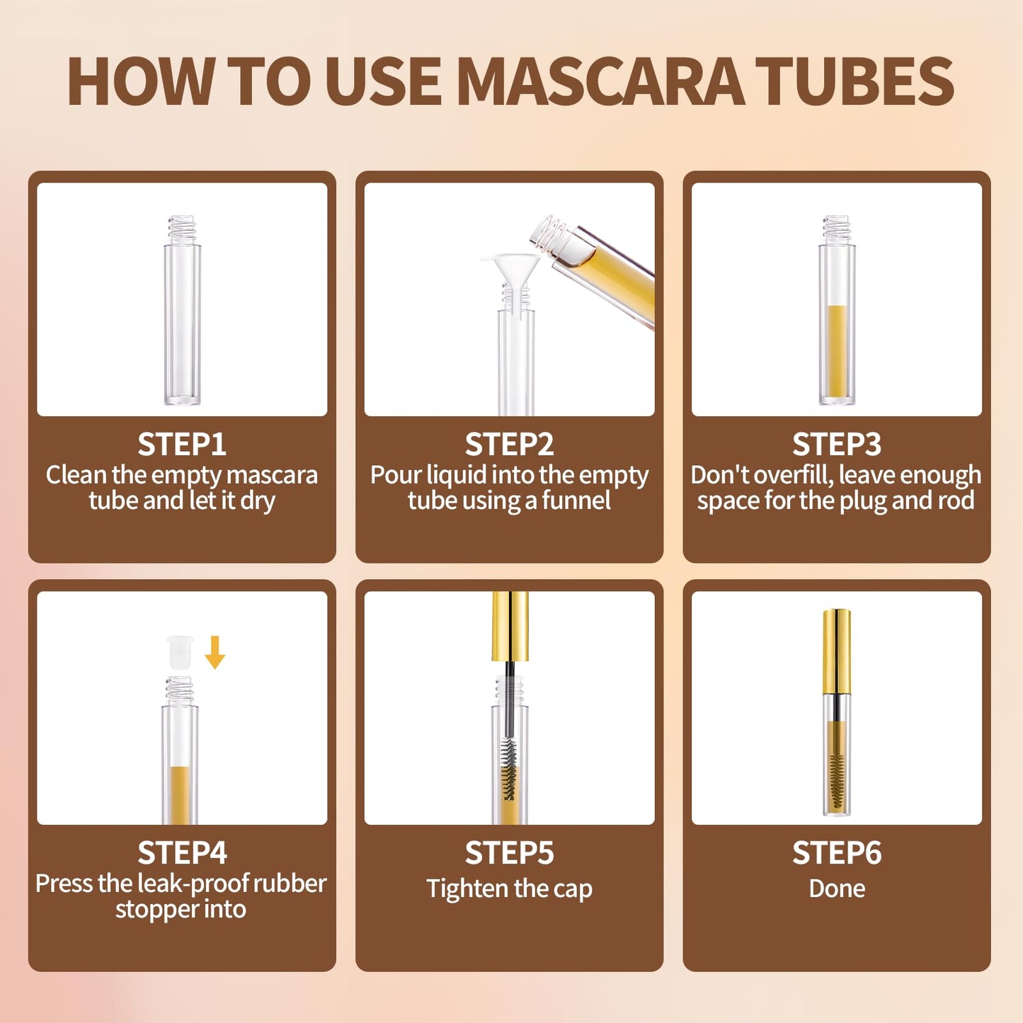 Amzlysdok 16 Pack Empty Mascara Tube 10ml Refillable Bottles with Brush Wand&Funnels,Leakproof Travel Containers for Lash & Brow Serum,Portable for Makeup Artists or Beginners(Gold)
