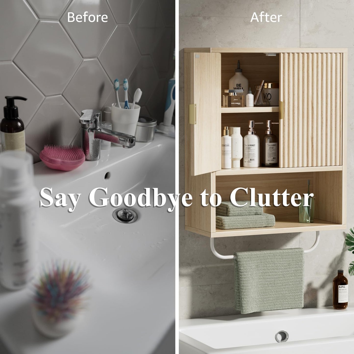 Bathroom Wall Cabinet No Mirror – Fluted Wood Medicine Cabinet with Towel Bar, Surface Mount Storage Organizer Over Toilet, Rustic Farmhouse Hanging Cupboard with Doors for Over Sink (Natural Oak)