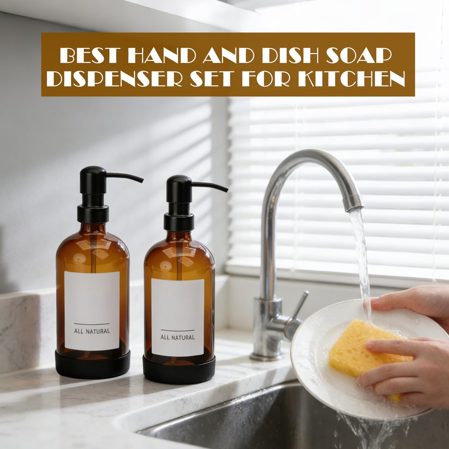 16oz Amber Glass Soap Dispenser Set of 4,Brown Glass Pump Bottles for Bathroom Kitchen,Bathroom Kitchen Hand and Dish Soap Dispenser Set,Modern Brown Soap Dispensers Bottles