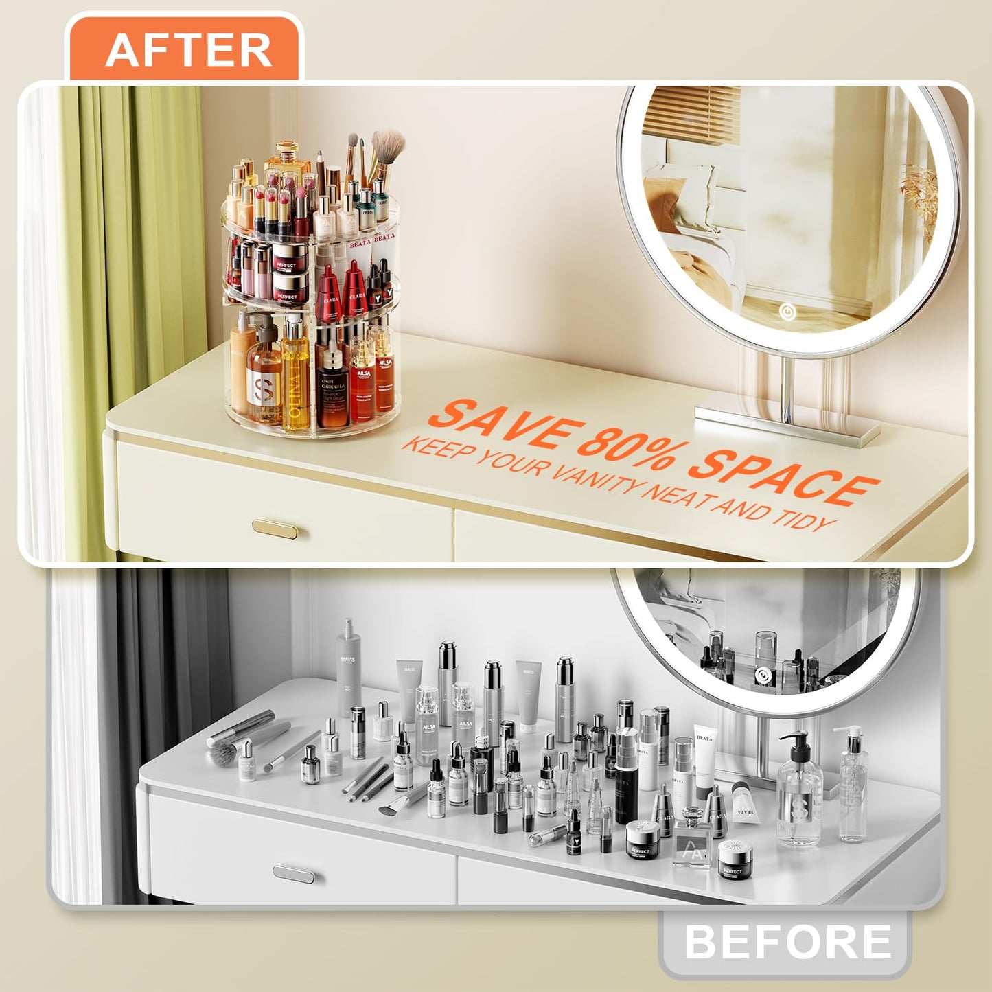 Auxmir Rotating Makeup Organizer, DIY 7 Adjustable Layers Spinning Skincare Organizer, Bathroom Organizer with Brush Holder Perfume Tray, Multi-Function Storage Carousel for Vanity Bathroom Countertop