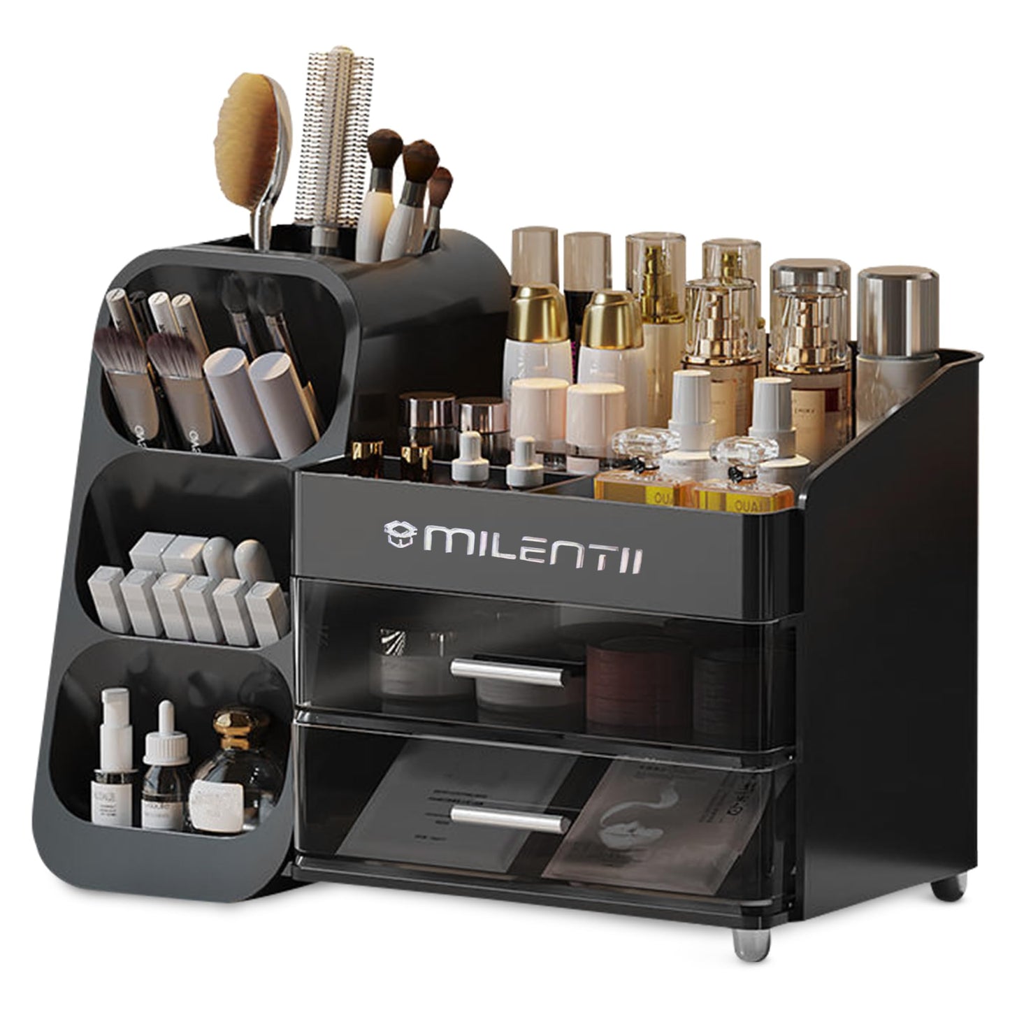 MILENTII Makeup Organizer with Drawers, Large Capacity Cosmetic & Skincare Storage Box, Countertop Vanity Organizer for Bathroom, Bedroom & Dresser, ABS Plastic Makeup Storage Organizer, Black