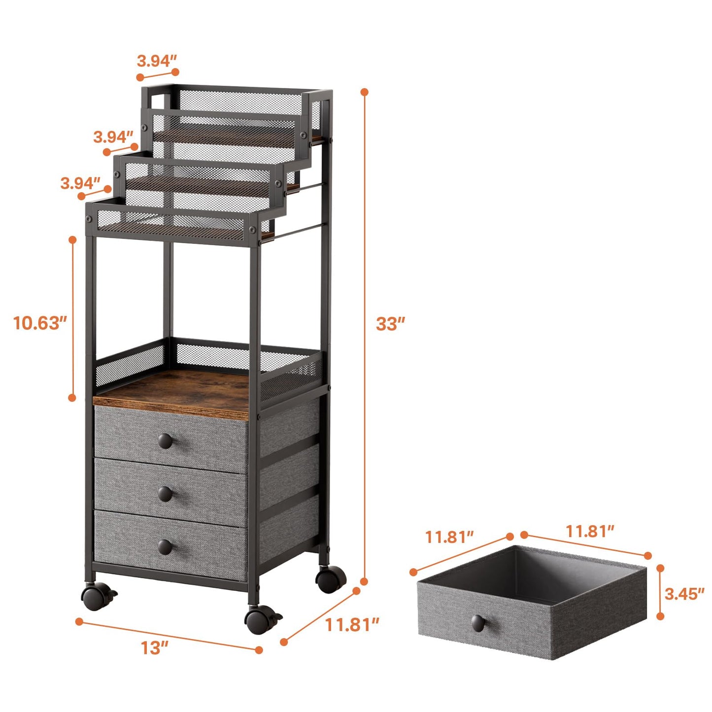 FURFUN Display Riser Stand Perfume Cologne Organizer, 13in Rolling Makeup Storage Cart with Fabric Drawers, Floor Vanity Cosmetics Display Cases for Skin Care Nail Polish Figures Rustic Brown