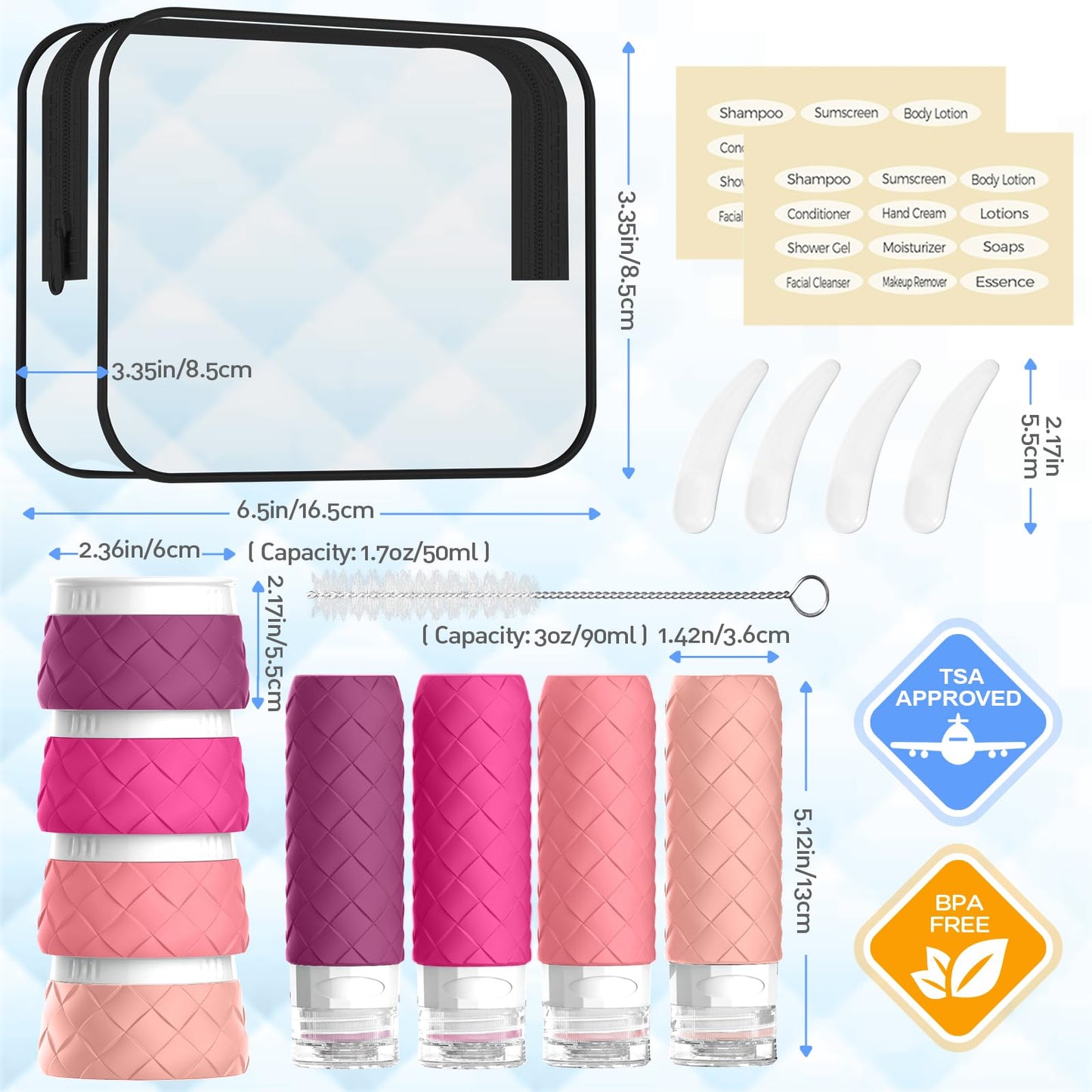 16 Pack Travel Bottles for Toiletries, TSA Approved Travel Size Toiletries Containers Set BPA-Free Silicone Leak Proof Refillable Bottles Stackable Creams Jars Accessories Kit W/Clear Bag Purplish Red