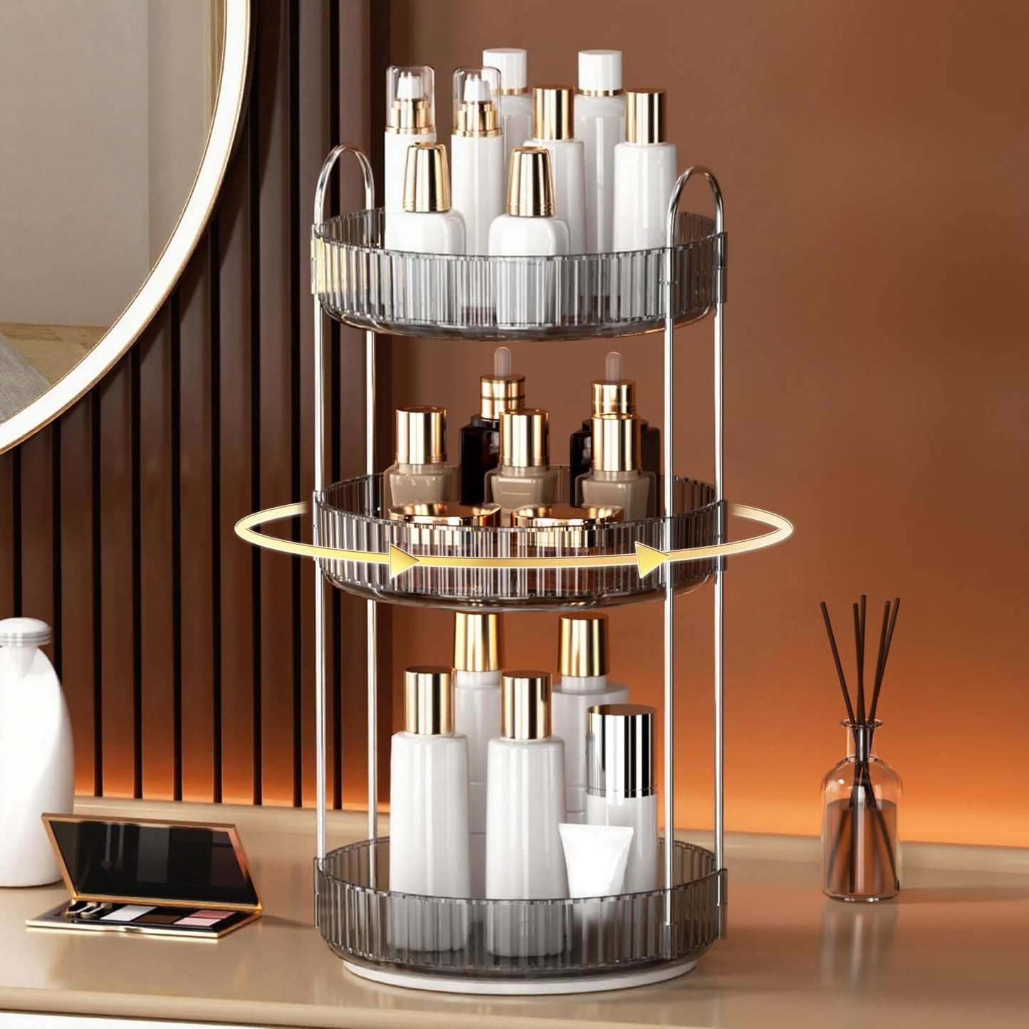 YCIA&DONE 360 Rotating Makeup Organizer and Storage for Vanity Countertop 3 Tiers, High Capacity Cosmetic Skincare Perfume Organizers for Dresser Bathroom Lazy Susan (Smoky Gray)