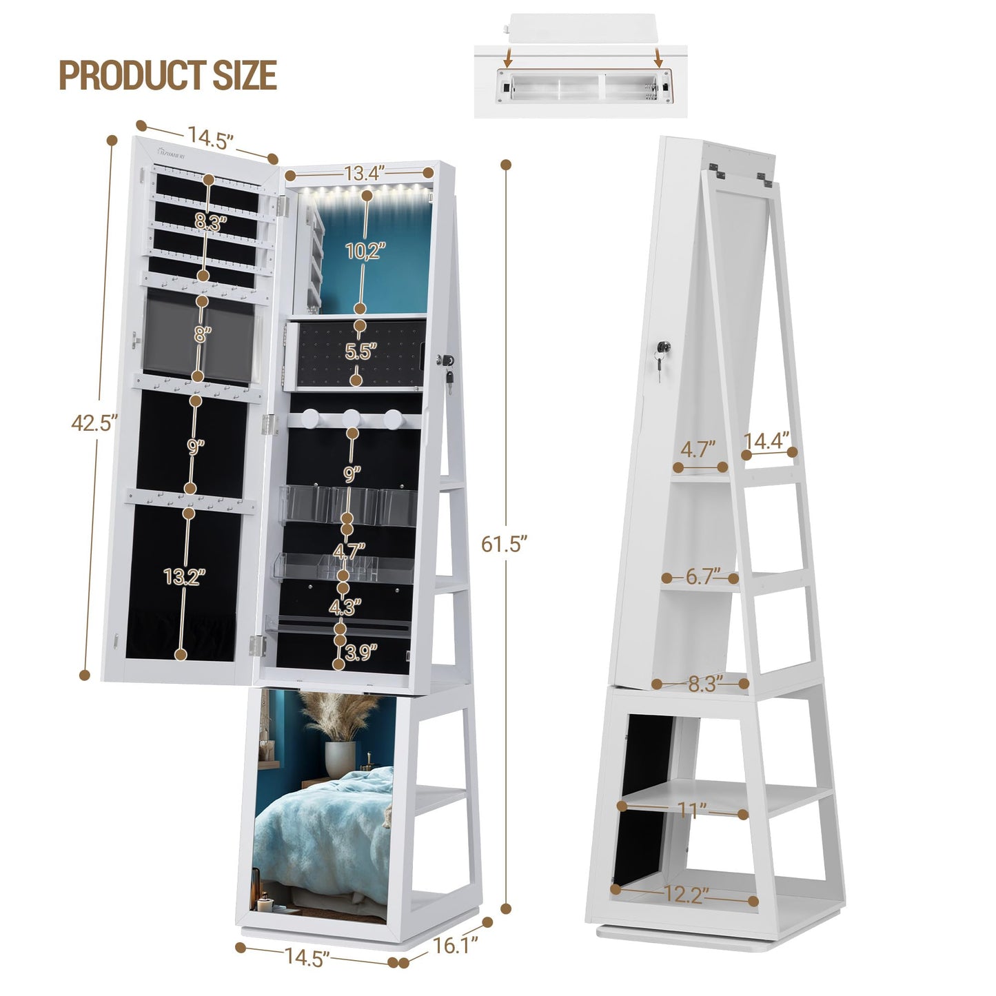 Hzuaneri 16 LEDs Jewelry Cabinet Armoire, Standing Jewelry Organizer with 360° Rotating Base, Lockable Full-length Mirror, 5-tier Storage Shelves, 4-in-1 Design, 61.5" H, White and Black JC15903B