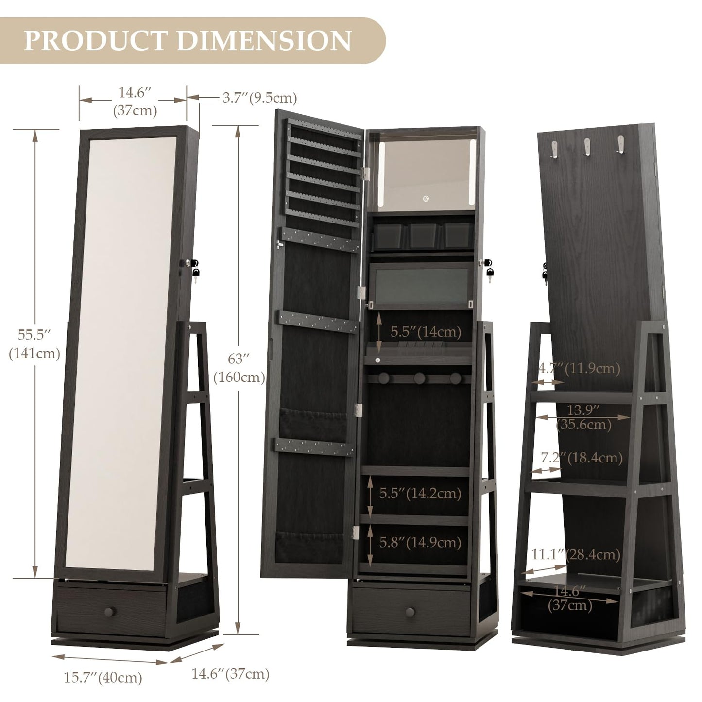 MASMIRE Full Length Jewelry Cabinet Standing With Built-In Mirror Jewelry Armoire With Mirror Drawers, Lockable Storage Mirror With Storage Racks Black