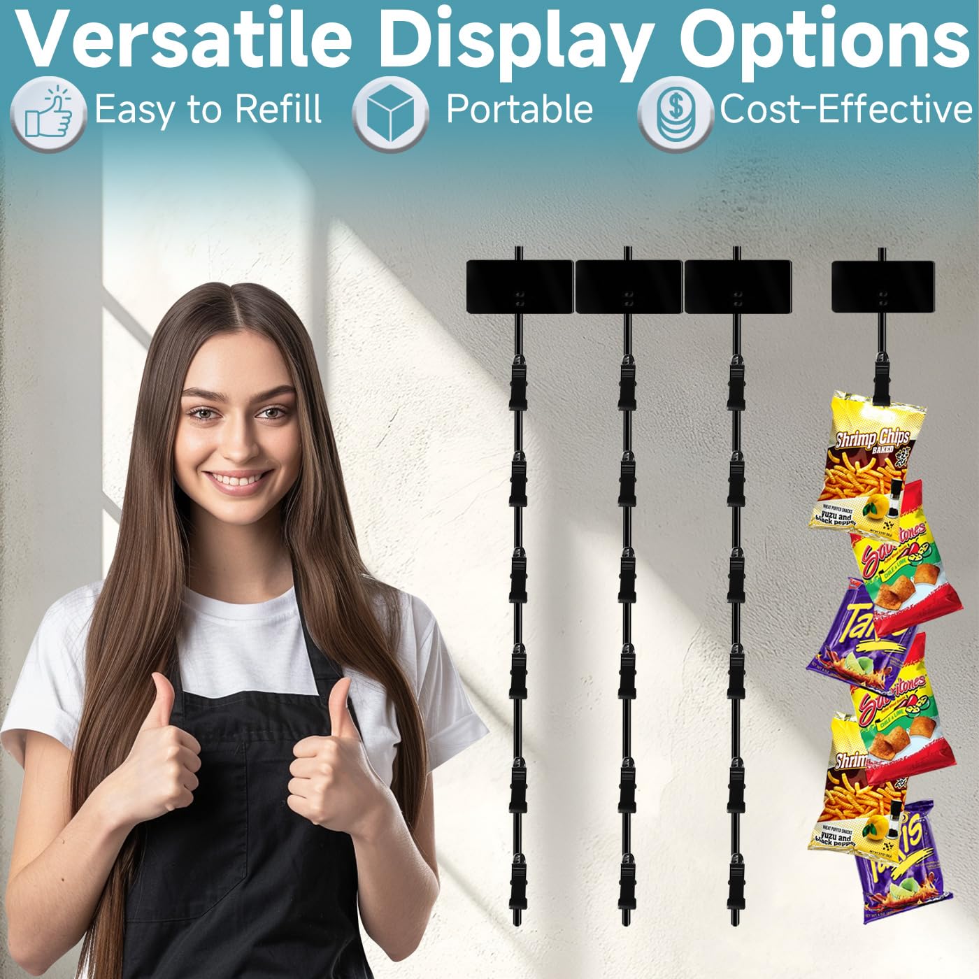 Chip Hanger Strips Hooks Display Hanging 16.5" with 6 Chip Greeting Card Party Merchandise Vendors Potato Bag Holder Snack Candy Portable Retail Organizer Storage Metal with Label Header 4 Pack