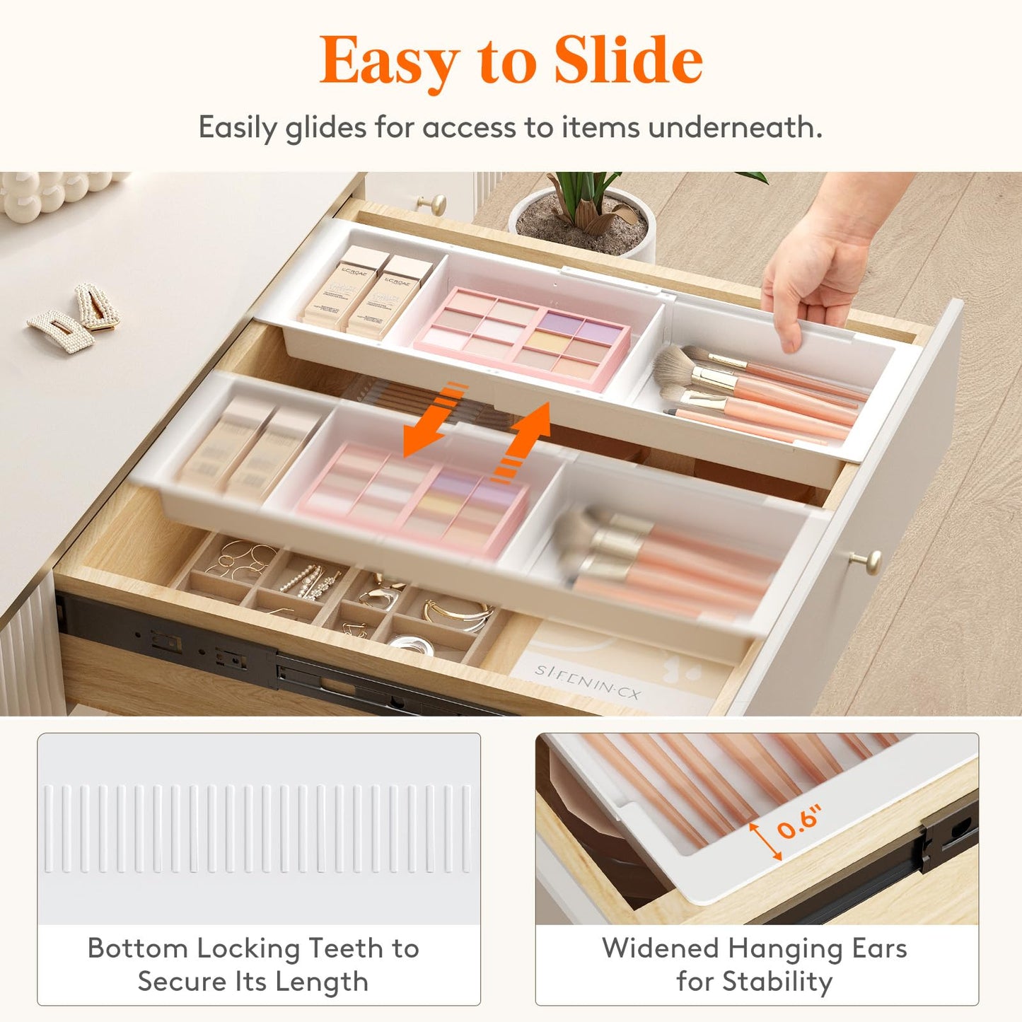 Lifewit Sliding Makeup Drawer Organizer, Fits 13-20" Deep Drawers, Extendable Hanging Divider, 1.8" High Plastic Tray for Vanity, Office, Kitchen, White,1Pcs