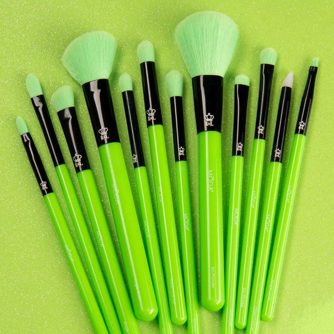 MODA Neon Green Makeup Brush Set, 12pc Vegan Face and Eye Brush Kit, for Foundation, Blush, Powder and Eyeshadow, Ultra Soft Synthetic Bristles, for Smooth Blending and Flawless Finish