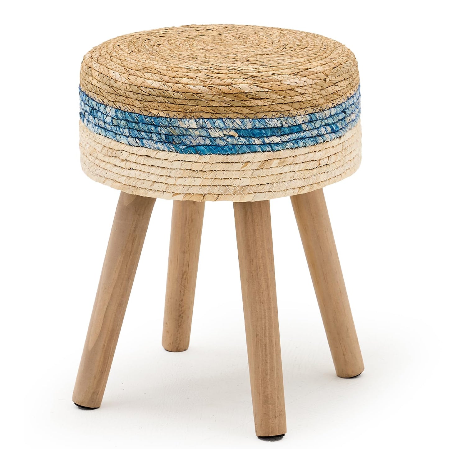 Wimarsbon Pouf Ottoman, Round Footstool with 4 Wood Leg, Handmade Bohomia Natural Outdoor Footrest, Rustic Dressing Stool, Accent Vanity Chair (High Blue)