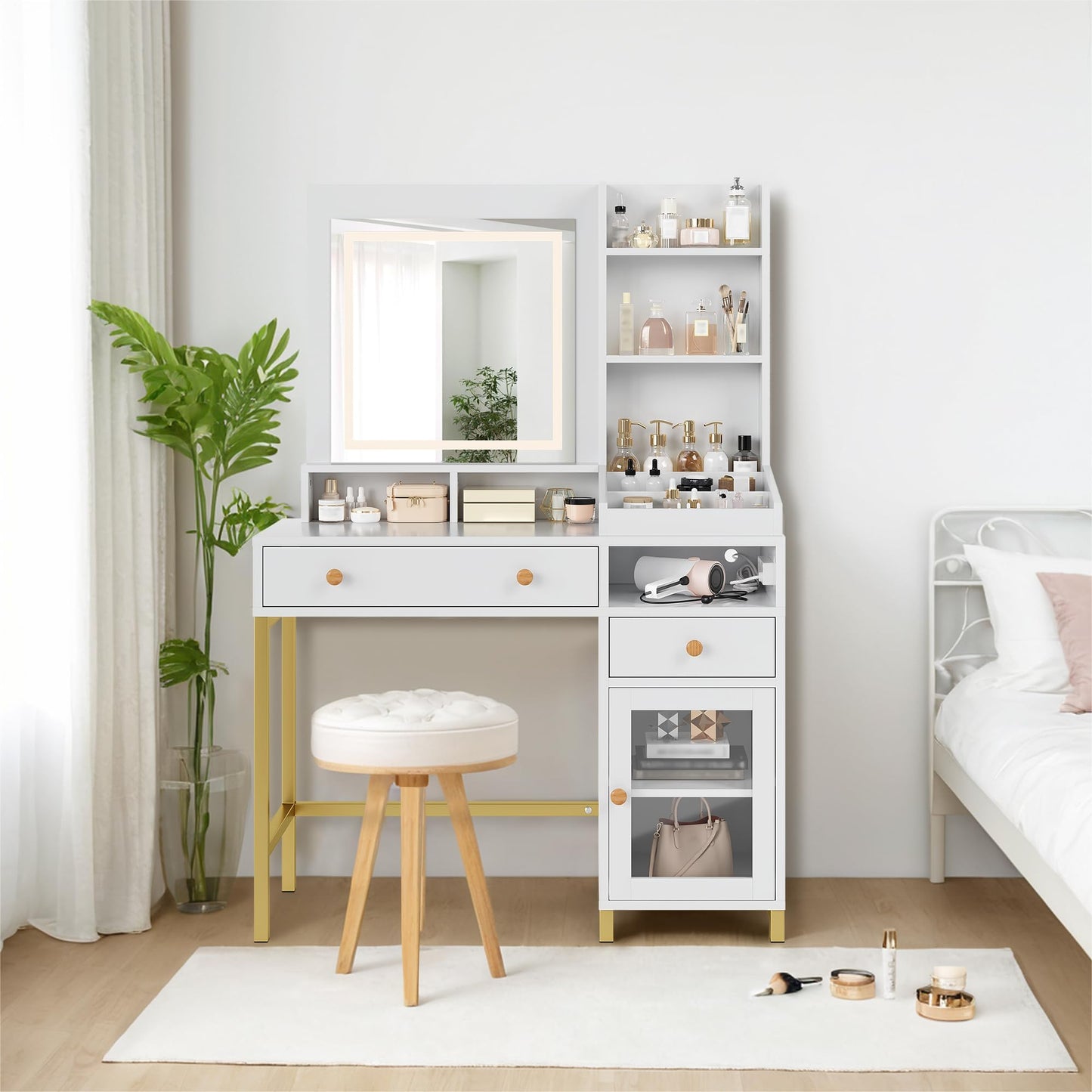 Garvee Vanity Desk with Lighted Mirror Adjustable Brightness & Power Outlet, Makeup Vanity Table with 2 Drawers and Shelves, White and Gold Vanity, Dressing Table for Women & Girls
