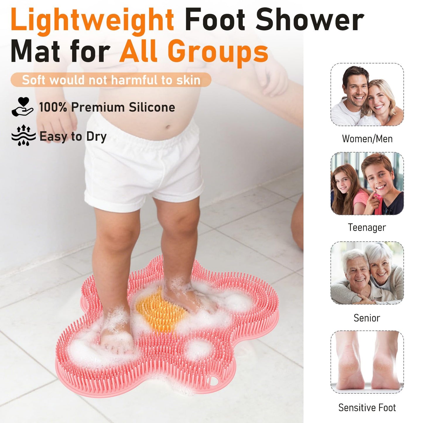 Mabnuby Shower Foot Scrubber in Shower, Silicone Back Exfoliating Cleaning Mat with Non-Slip Suction Cups Feet Cleaner Massaging Pad Without Bending Over Lather Well for Bath Wall Floor, Pink Flower