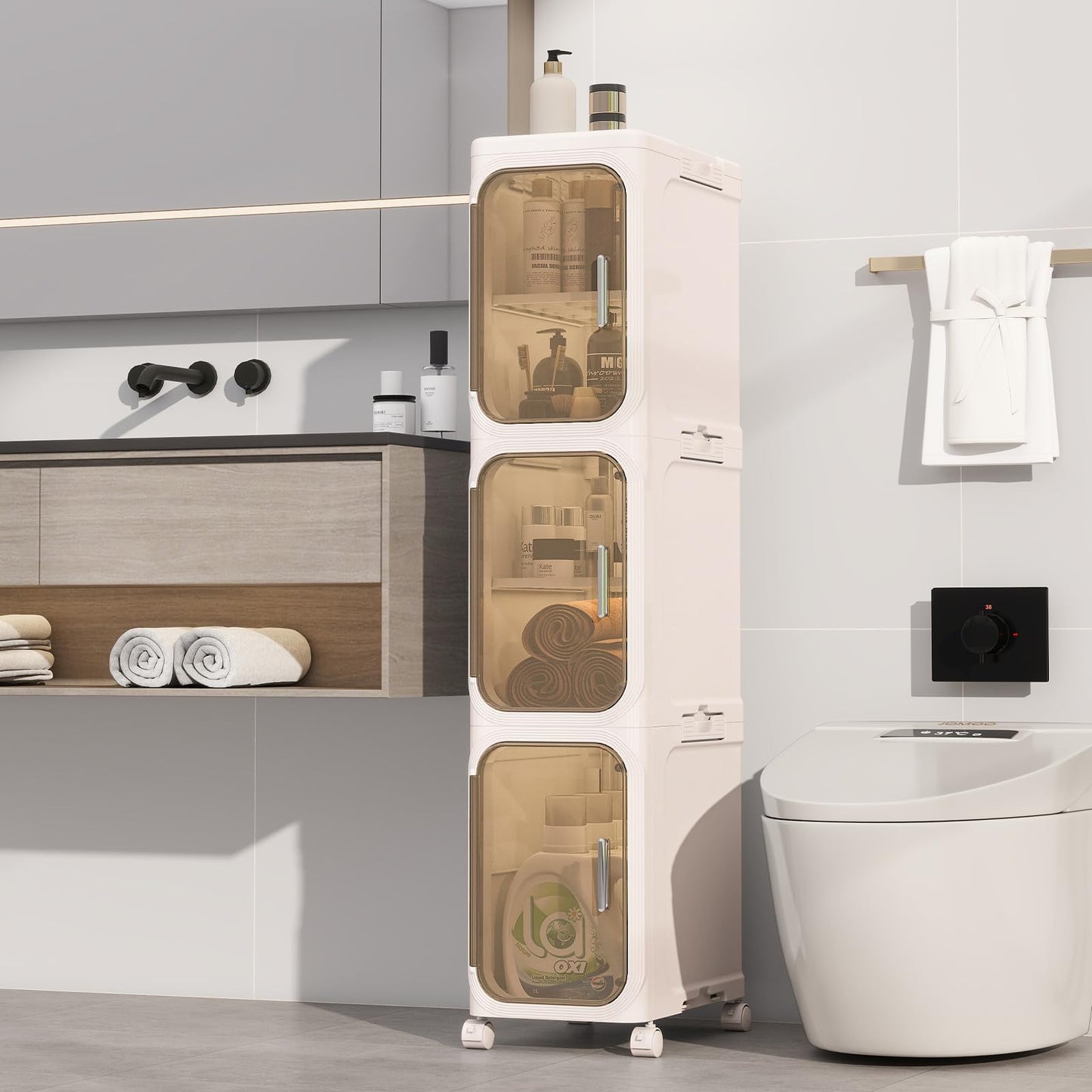 Neathub 3 Tier Slim Bathroom Storage Cabinet, Foldable and Movable, Beige