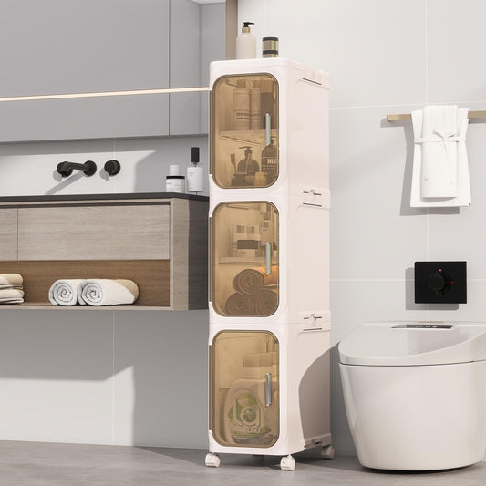 Neathub 3 Tier Slim Bathroom Storage Cabinet, Foldable and Movable, Beige