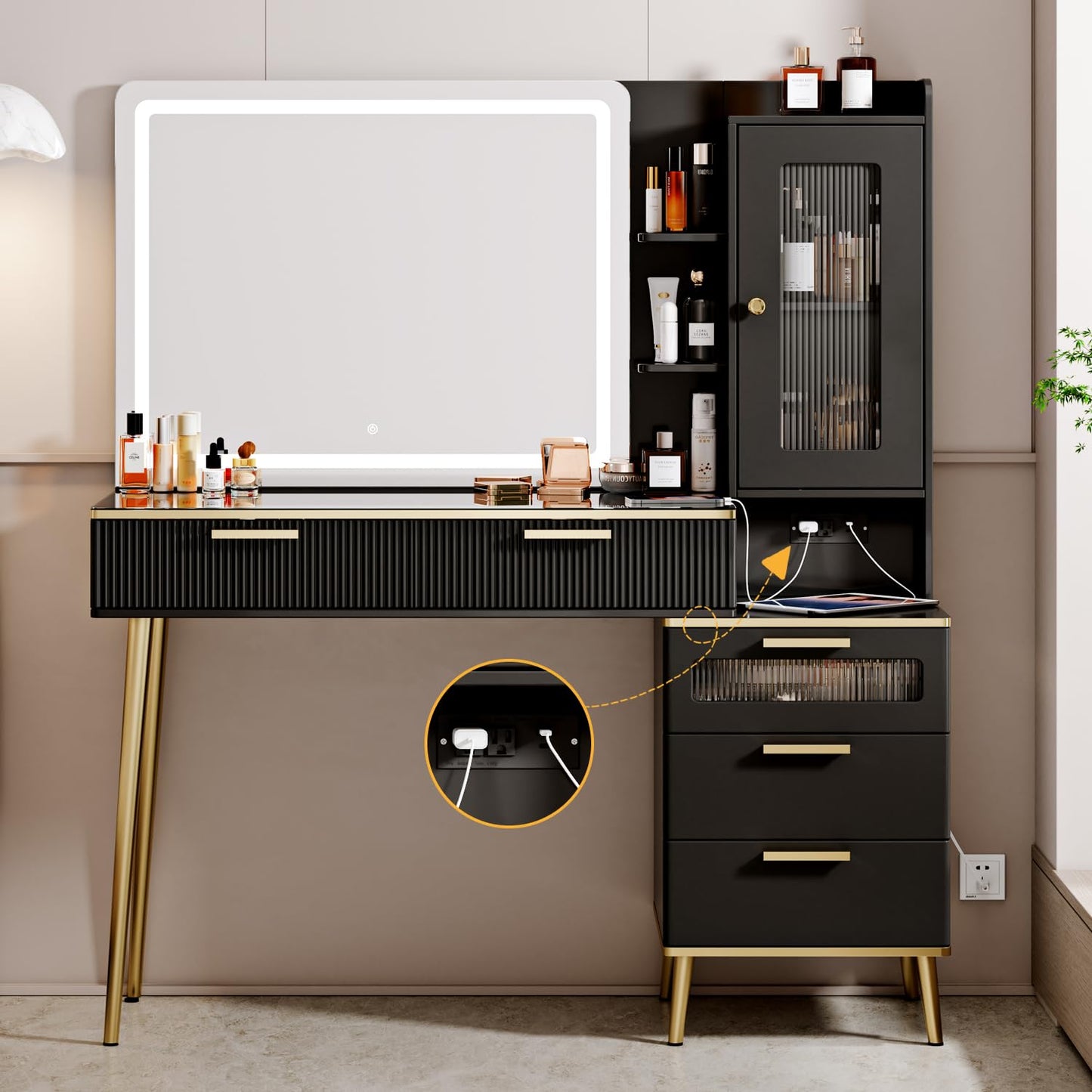 Arulvmrn 47.24" Big Modern Vanity Desk with Mirror and Lights, Vanity Desk with 29.53" HD Lighted Mirror, Makeup Vanity with 5 Drawers and Storage Shelves and Charging Station, Black2