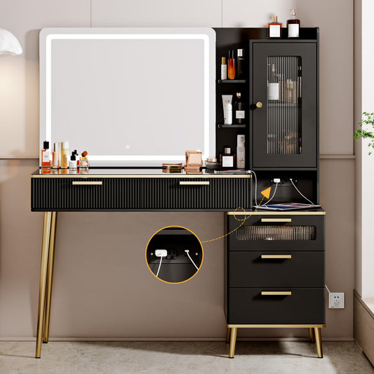 Arulvmrn 47.24" Big Modern Vanity Desk with Mirror and Lights, Vanity Desk with 29.53" HD Lighted Mirror, Makeup Vanity with 5 Drawers and Storage Shelves and Charging Station, Black2