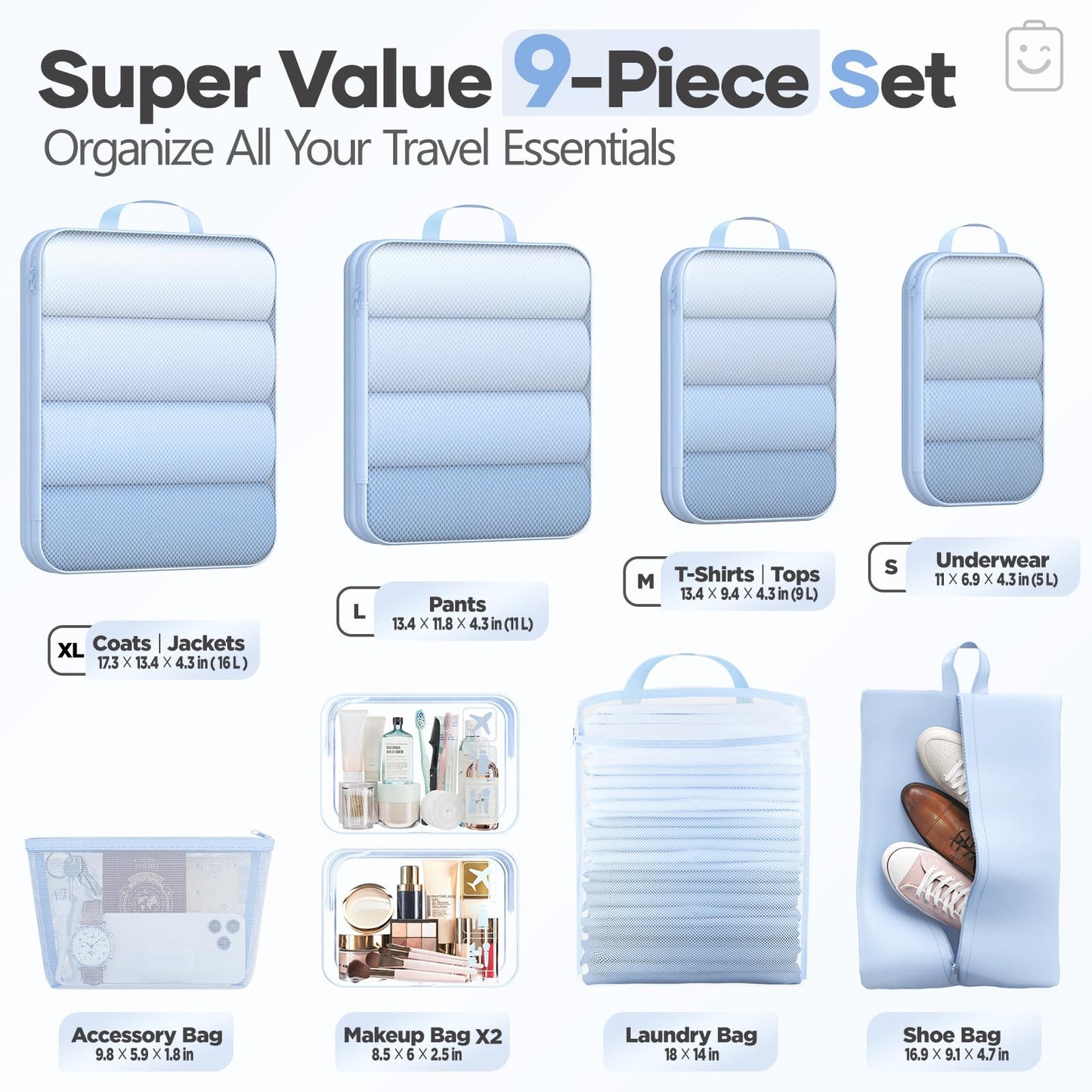 Veken 9/11 Set Compression Packing Cubes for Travel Essentials,Compressible Expandable Large Luggage Suitcase Organizer Bags for Clothing,Space Saver Bags with Over 1000 pcs of Mesh Holes(Light Blue)