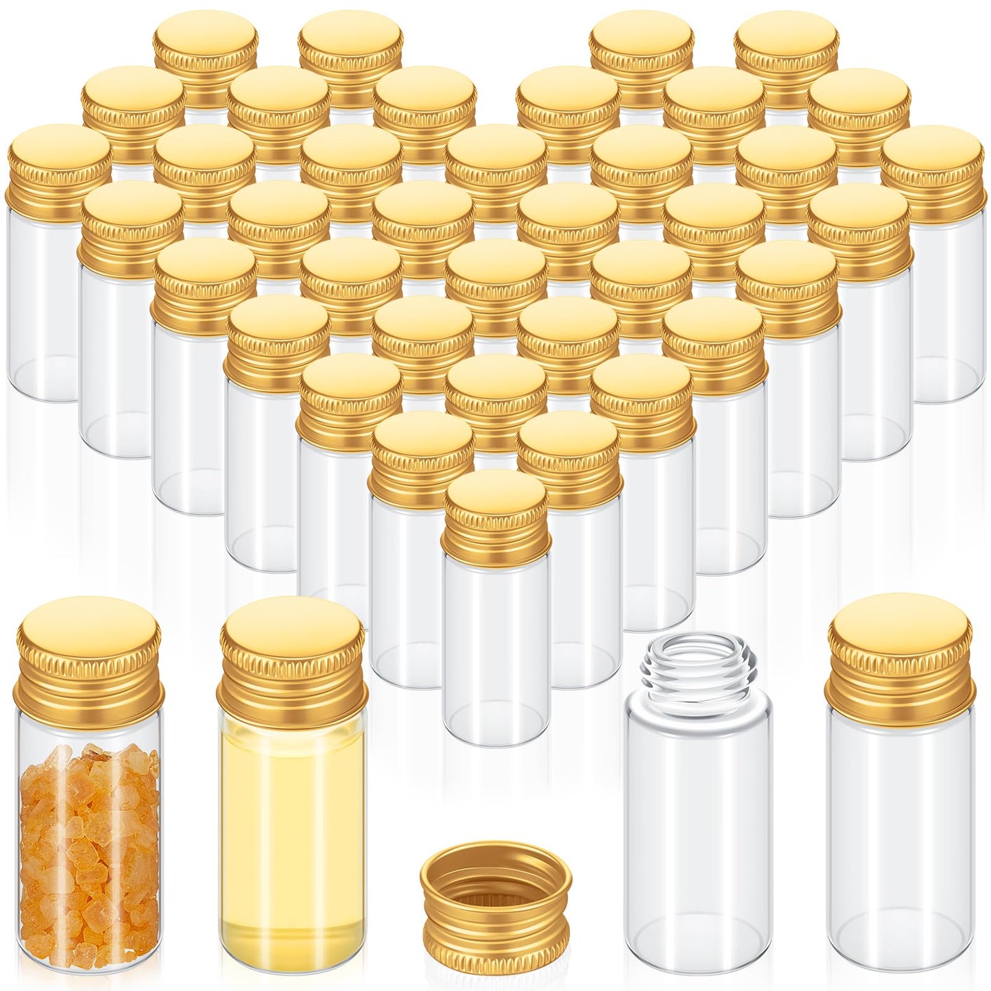 Didaey 100 Pcs Small Clear Vials Spice Mini Jars with Lids Mini Glass Bottles with Screw Aluminum Metal Caps Tiny Jars Sample Containers for Powder Cream Cosmetic Jewelry Wedding (10 ml,Gold Caps)