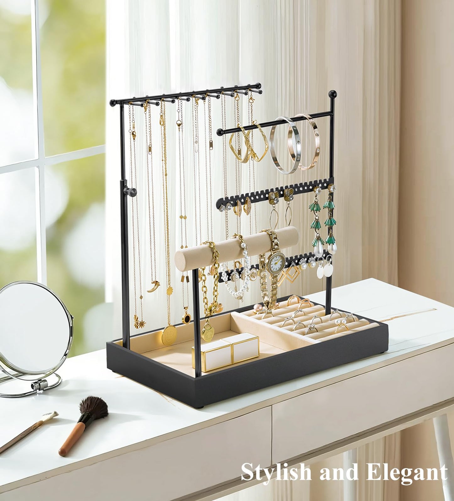 Emibele Jewelry Holder, Jewelry Organizer Stand Necklace Earring Bracelet Holder, 5 Tier Jewelry Display Tower Rack with Metal Frame and Velvet Ring Tray, Aesthetic Jewelry Stand Gift for Women, Black