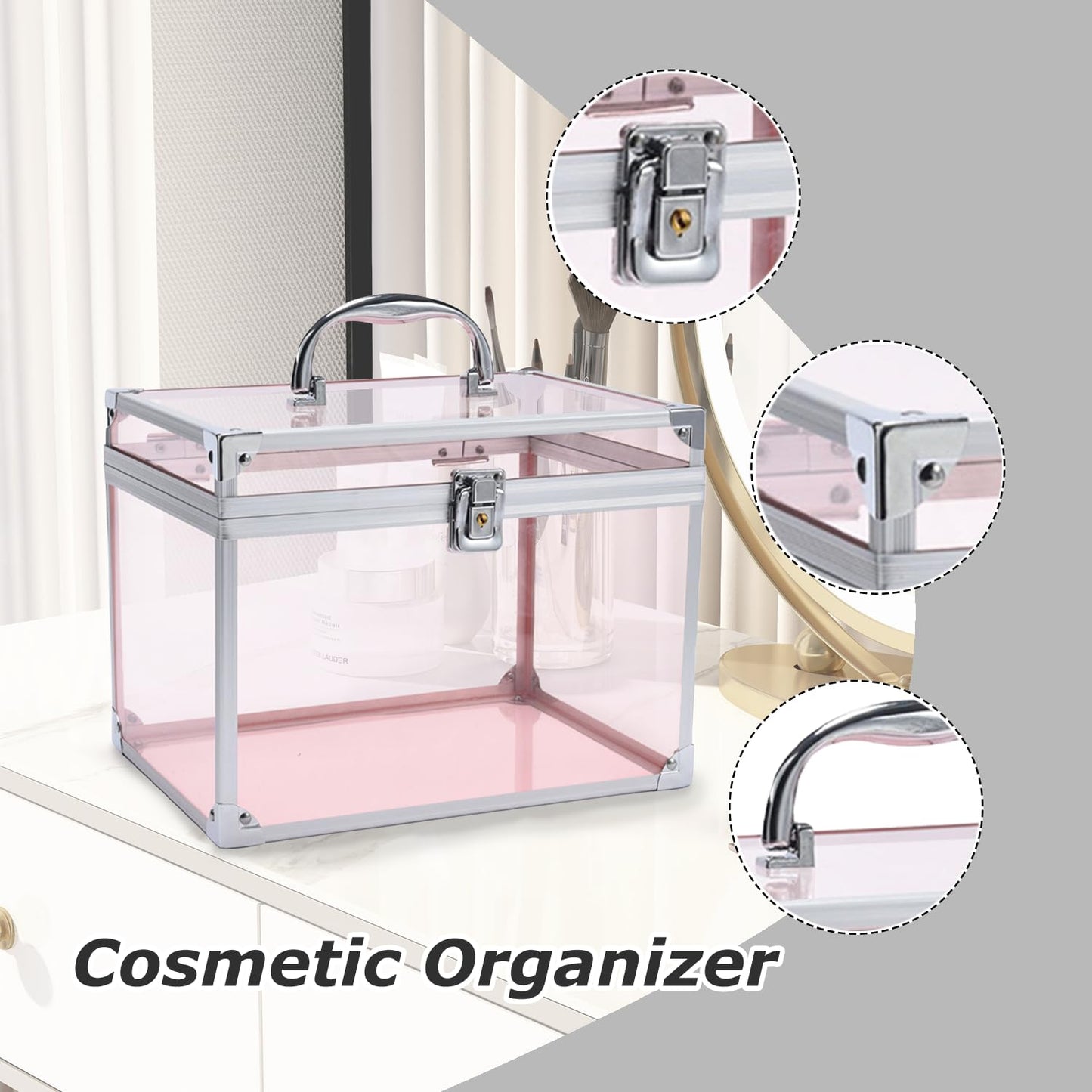 Crown Box, Clear Cosmetic Case, Acrylic Artists Display Case, Toiletry Train Case with Latches & Handle Large Capacity Acrylic Travel Makeup Tools Box for Vanity Dresser Bathroom Counter (Silver-Pink)
