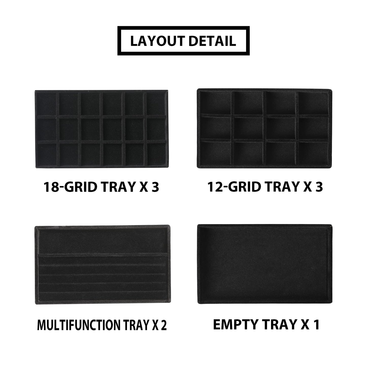 Frebeauty Jewelry Organizer Tray,Stackable Velvet Jewelry Trays,Drawer Inserts Earring Organizer For Women Jewelry Storage Display Case for Rings Stud Necklaces,Set of 9(Black)