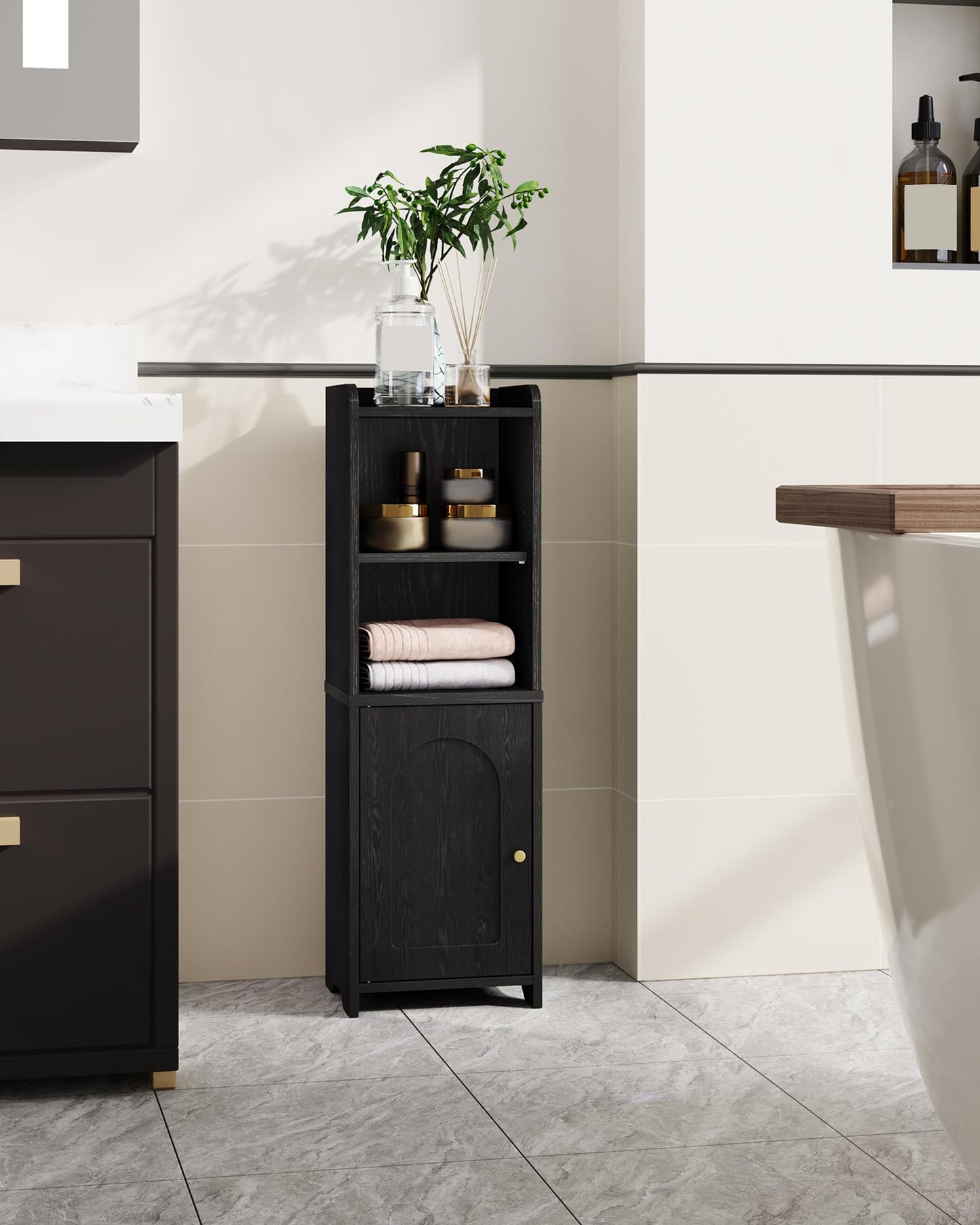 Hzuaneri Bathroom Storage Cabinet, Corner Floor Cabinet with Doors and Adjustable Shelf, Narrow Toilet Paper Cabinets, Bathroom Organizer for Small Spaces, Black BC39704X