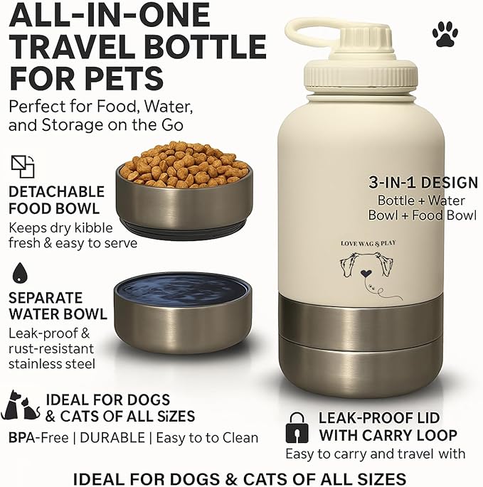 Love Wag & Play Dog Water Bottle Portable – 2 in 1 Stainless Steel Bowl for Food, Water – Leakproof Portable Water Bowl for Dog with Carry Loop – Detachable Design – Ideal for Kibble, Treats – Beige