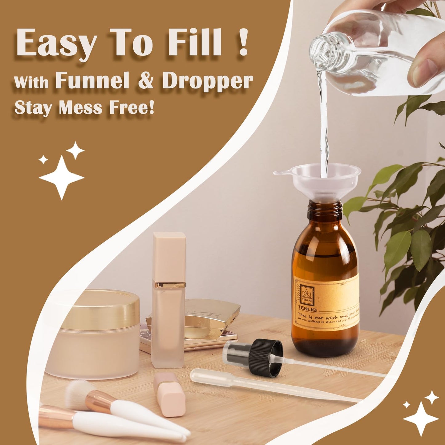 TENLIG 5oz Amber Glass Spray Bottles,6 Pack Small Refillable, for Essential Oils,Cleaning Solutions,Fine Mist for Hair,Facial Hydration,Aromatherapy,Plants,with Durable Nozzle,Labels,Pipettes,Funnels
