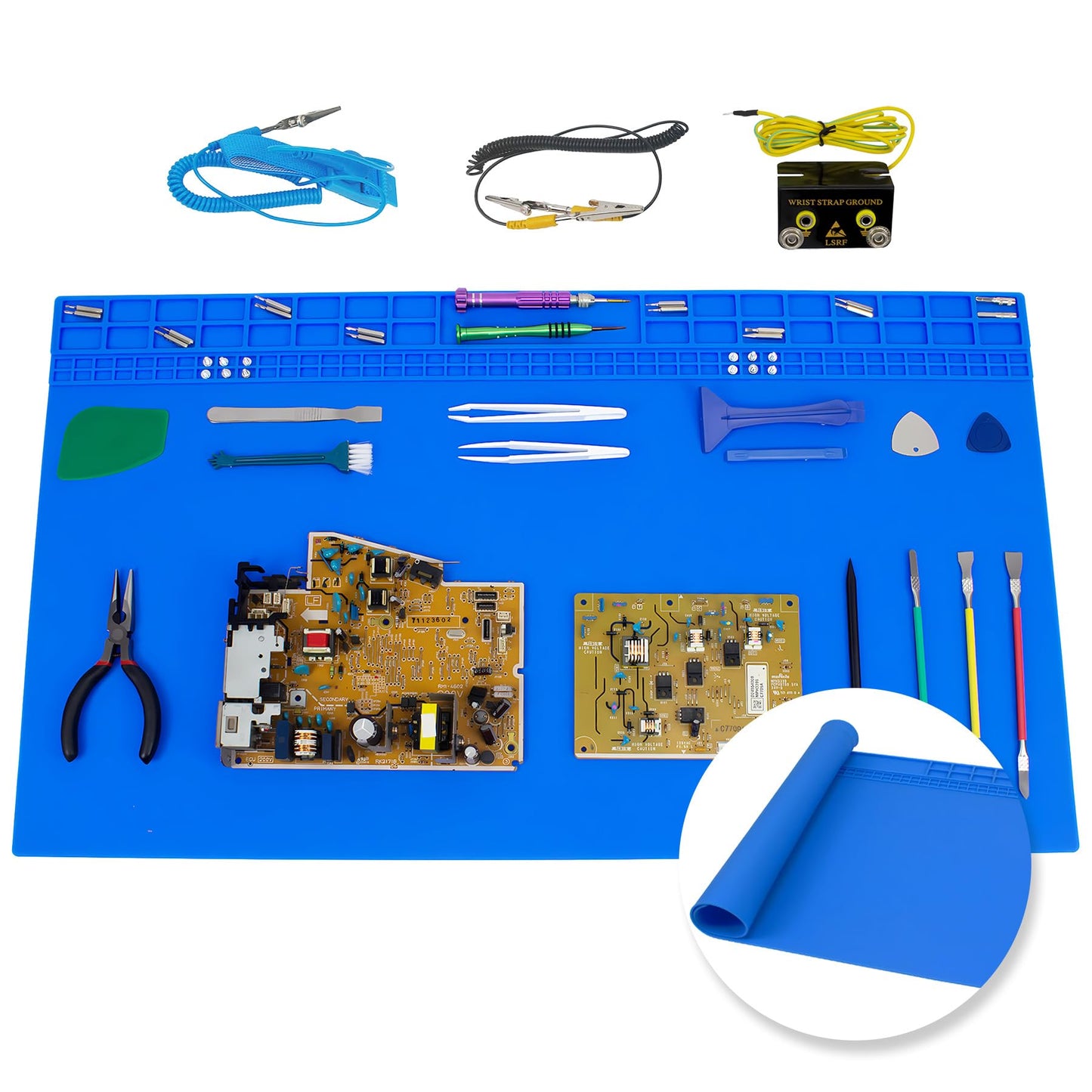 27.6'' x 15.7'' Extra Large Soldering Mat with ESD Wrist Strap and Grounding Accessories 932°F Heat Resistant Silicone Repair Mat Oversized Work Mat for Electronics Cellphone Laptop Repair (Blue)