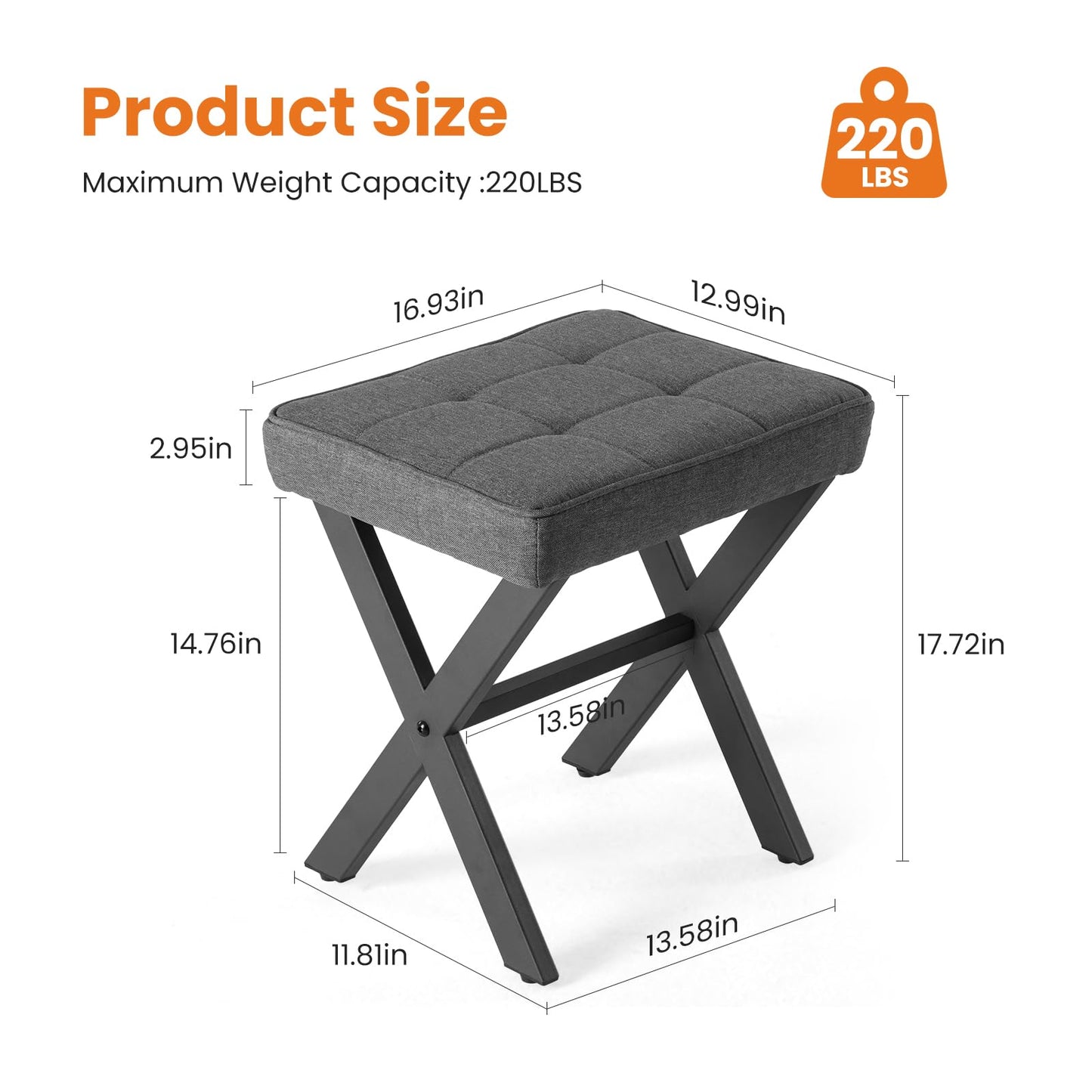 Sweetcrispy Vanity Stool Ottoman, Square Linen Makeup Stool Metal X Legs, Small Footstool Chair for Vanity, Modern Padded Seat Foot Rest for Makeup Room, Bathroom,Living Room, Entryway, Gray
