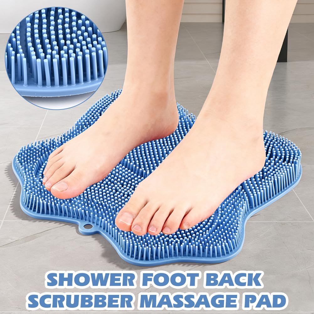 Shower Foot Scrubber Mat with Non-Slip Suction Cups & Hook,to Wall Mounted Back Scrubber Brush Mat,3 Type Brush Designs,for Deep Cleaning Shower Back Or Foot Exfoliating Massage
