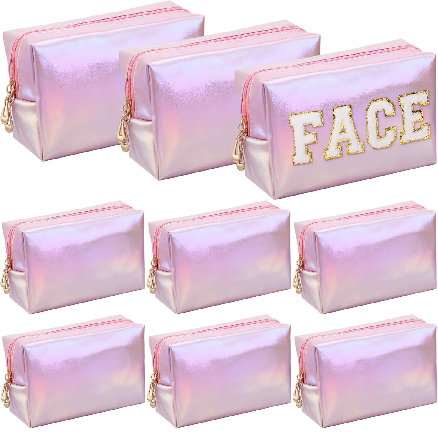 Sanwuta 9 Pcs Makeup Bags Bulk PU Double Zippers Cosmetic Bag Makeup Toiletry Small Pouch Portable Travel Organizers Case for Women Bridesmaid Proposal Gifts(Laser Pink)