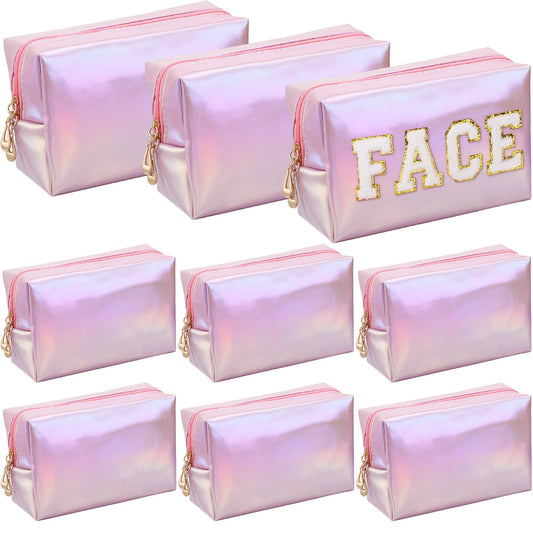 Sanwuta 9 Pcs Makeup Bags Bulk PU Double Zippers Cosmetic Bag Makeup Toiletry Small Pouch Portable Travel Organizers Case for Women Bridesmaid Proposal Gifts(Laser Pink)