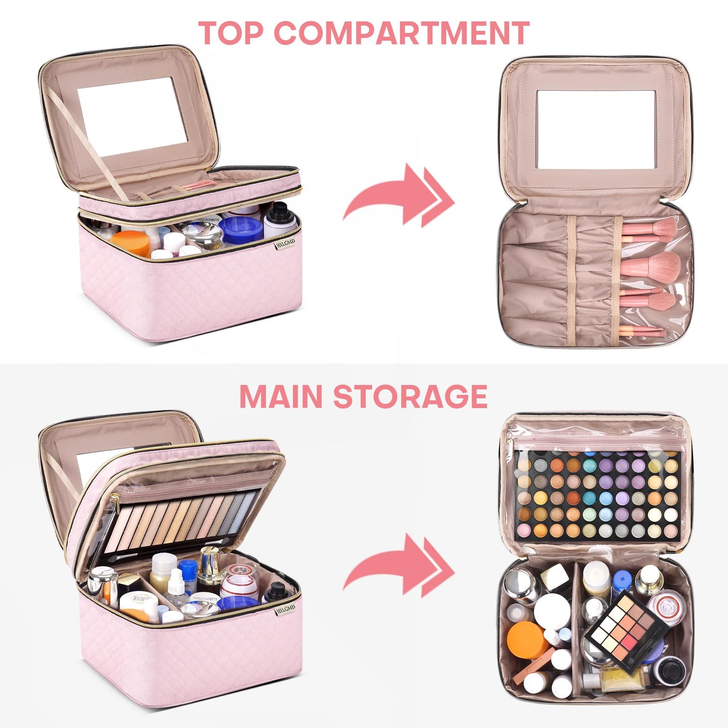 HXLGMD Double Layer Travel Makeup Bag Women, Cosmetic Organizer Case, Travel Essentials Accessories with Shoulder Strap for Bottles, Brushes, Conditioner, Skin Care Products, Pink