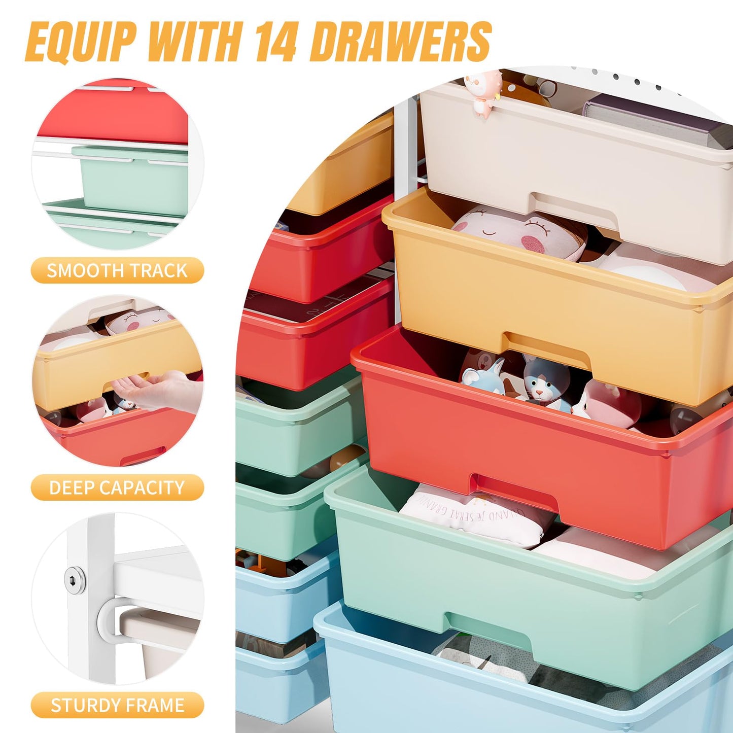 Rolling Storage Cart with 14 Drawers, Storage Organizer Cart with Tabletop and Pegboard,Utility Cart for Living Room, Classroom, Bedroom,Bathroom,Dorm,Office (Rainbow)