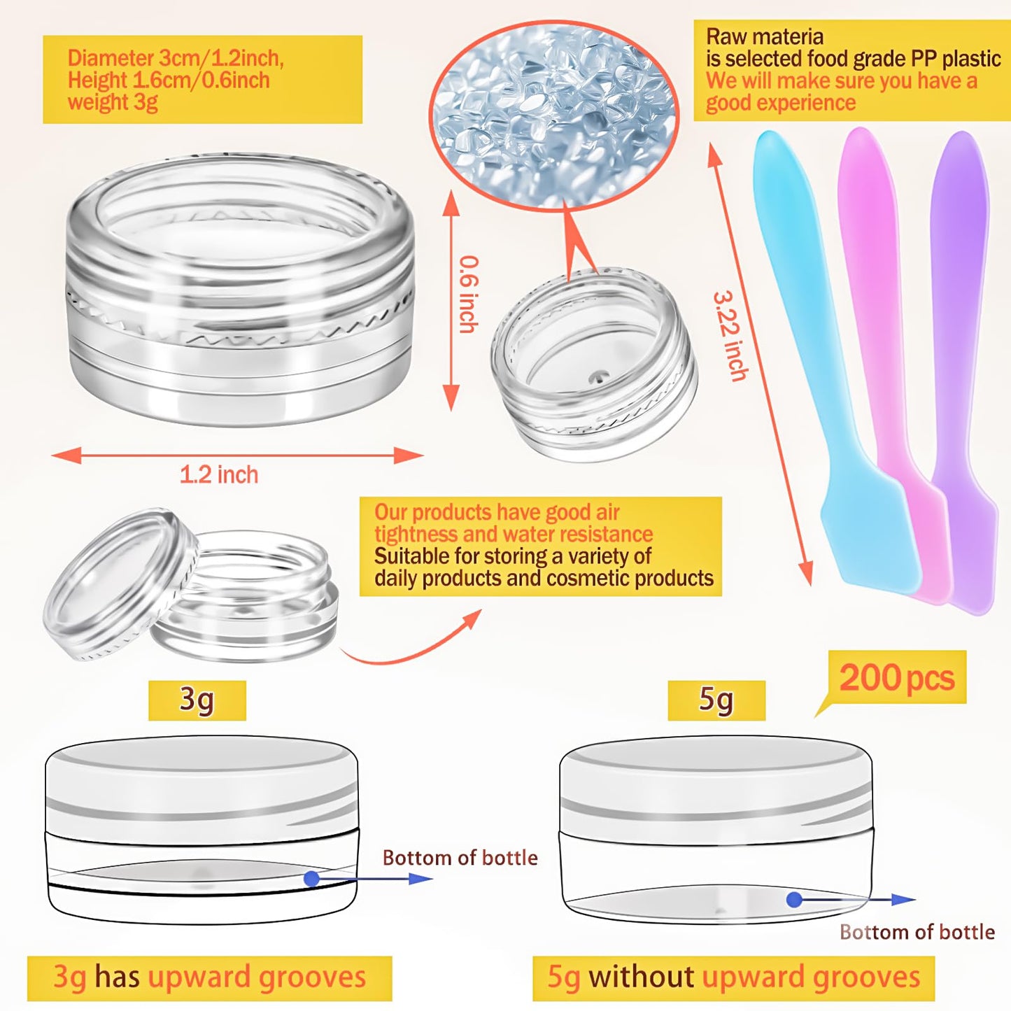 MotBach 200 Pack 3g Plastic Jars with Lids, 3ml Round Clear Cosmetic Containers Makeup Jars, 3gram Travel Size Container Jar with Spatulas for Makeup Lotion Cream Sample Ointment Salve Balm Powder