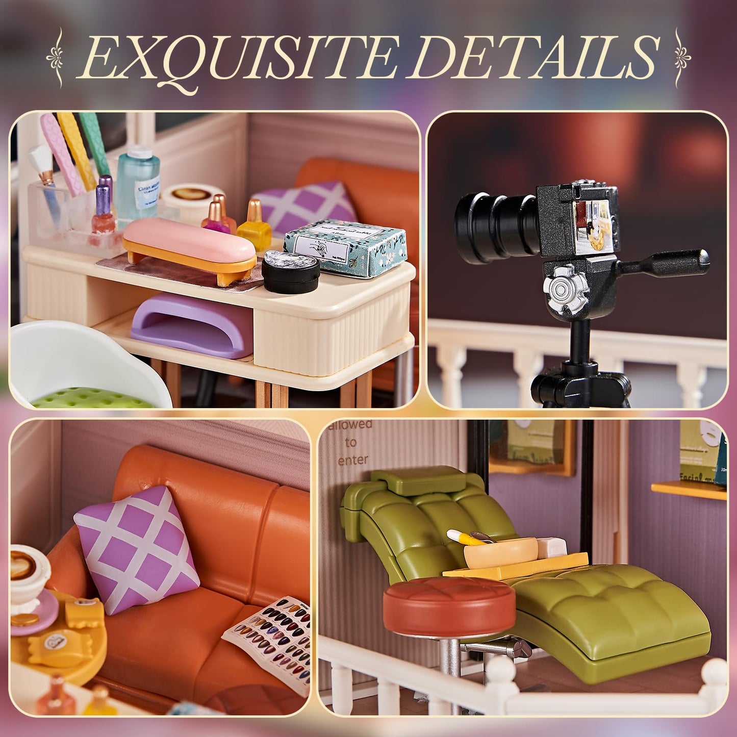 DIY Miniature House Kit Beauty Salon – 203 Piece Tiny House Dollhouse Mini Room with LED Light, Nail Art Studio & Makeup Room, Cozy Creative Craft Gift for Kids 8+ & Teens