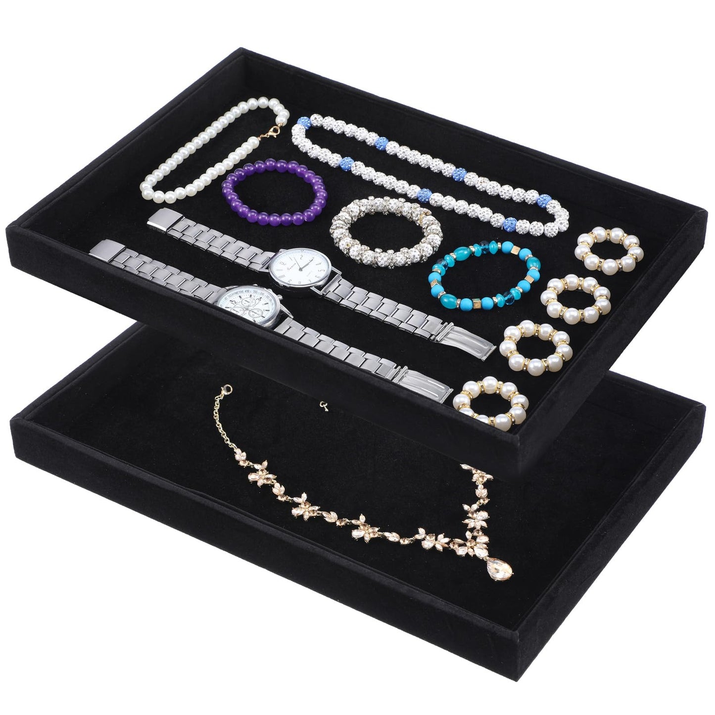 Xaajooio 6 Pcs Velvet Stackable Jewelry Tray, Jewelry Organizer and Display for Bracelets Rings Earrings Necklaces, for Drawer and Countertop Showcase, Black