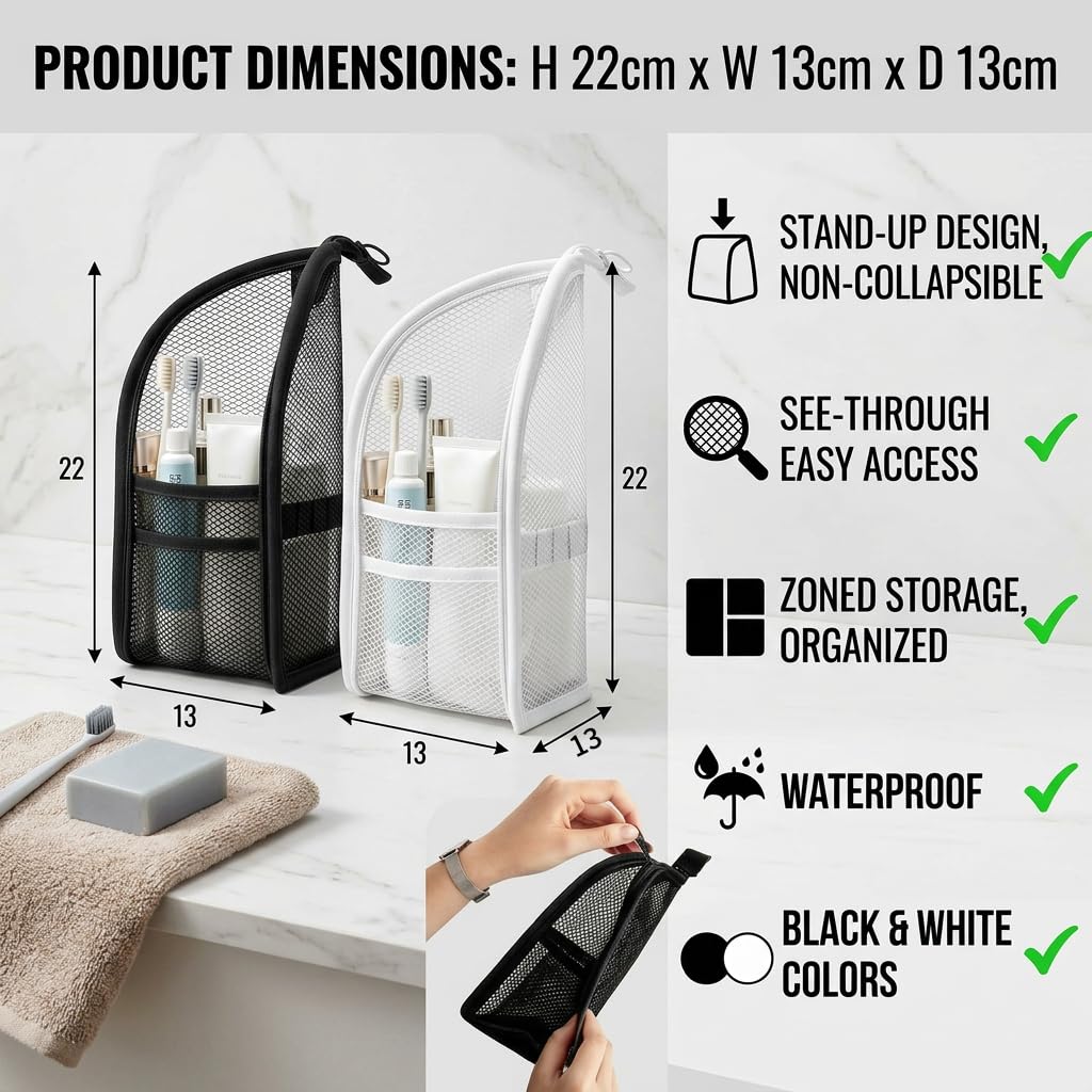 Standing Toiletry Bag,Portable Foldable Hanging Travel Organizer with Zipper and Loop,Mesh Large Capacity Cosmetic Waterproof Bag for Bathroom,Suitcase Packing,Toiletries,Makeup,Skincare (1PC-Black)