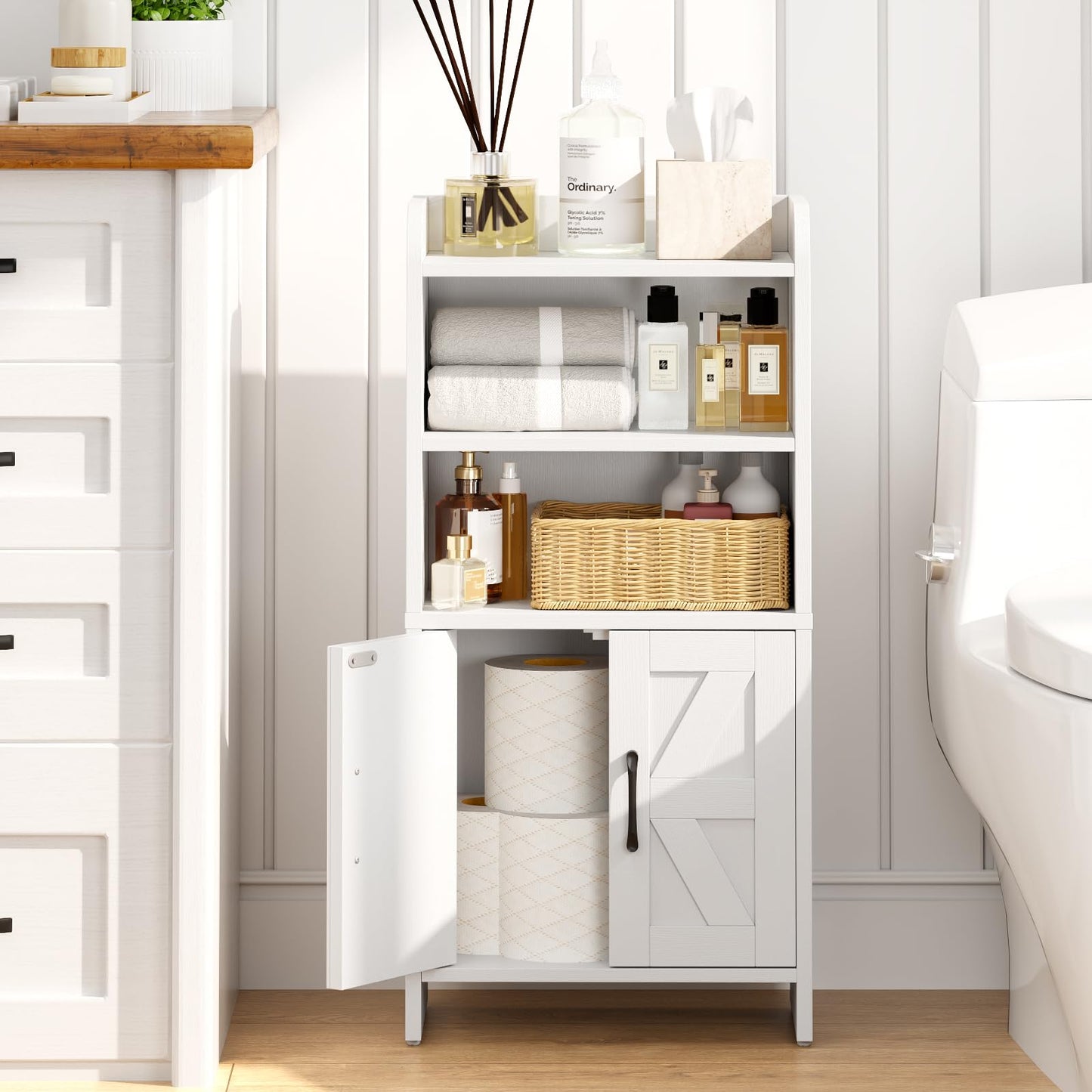 AURINEST Small Bathroom Storage Cabinet, Farmhouse Freestanding Toilet Paper Storage with 2 Doors and Shelves, Slim Bathroom Storage Cabinet for Small Spaces, White, 7.9" D x 14.2" W x 29.5" H