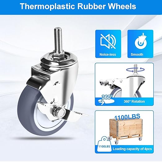 4 inch Stainless Steel Caster Wheels Heavy Duty, 1/2"-13x1-1/2 Threaded Stem Casters with Side Brake, Rust Resistant, Non-Marking TPR Rubber Wheels for Hospital, Lab,Furniture,Restaurant