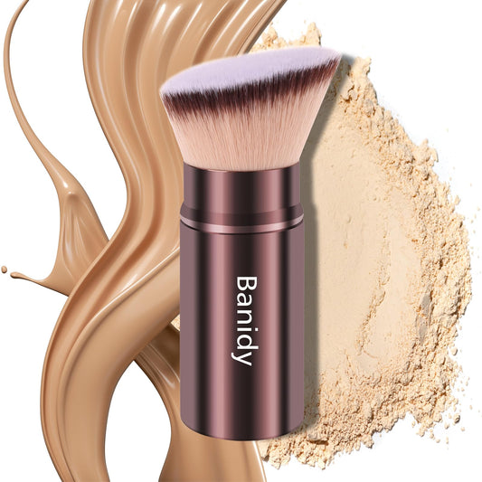 Makeup Brush Kabuki Face Brushes Retractable Travel Blush Kabuki Brush Portable Flawless for Foundation, Powder Blush, Bronzer, Buffing, Liquid, Cream, Cruelty Free with Cover(Brown)