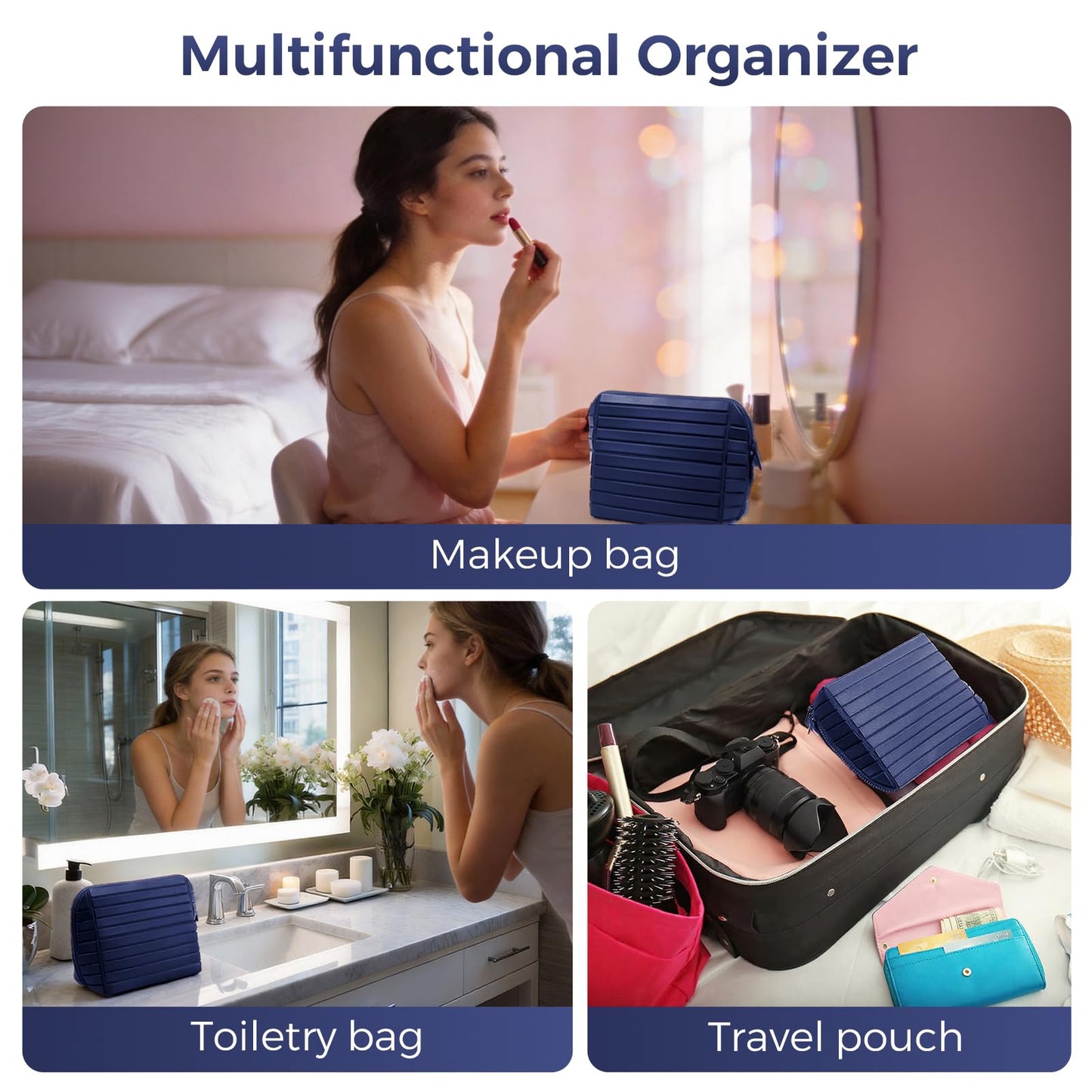 Travel Makeup Organizer Bag with Fold-Down Design and Adjustable Dividers, 27 Pockets & 3 Brush Storage Holders, Large Capacity Cosmetic Bags Toiletry Case - Navy Blue