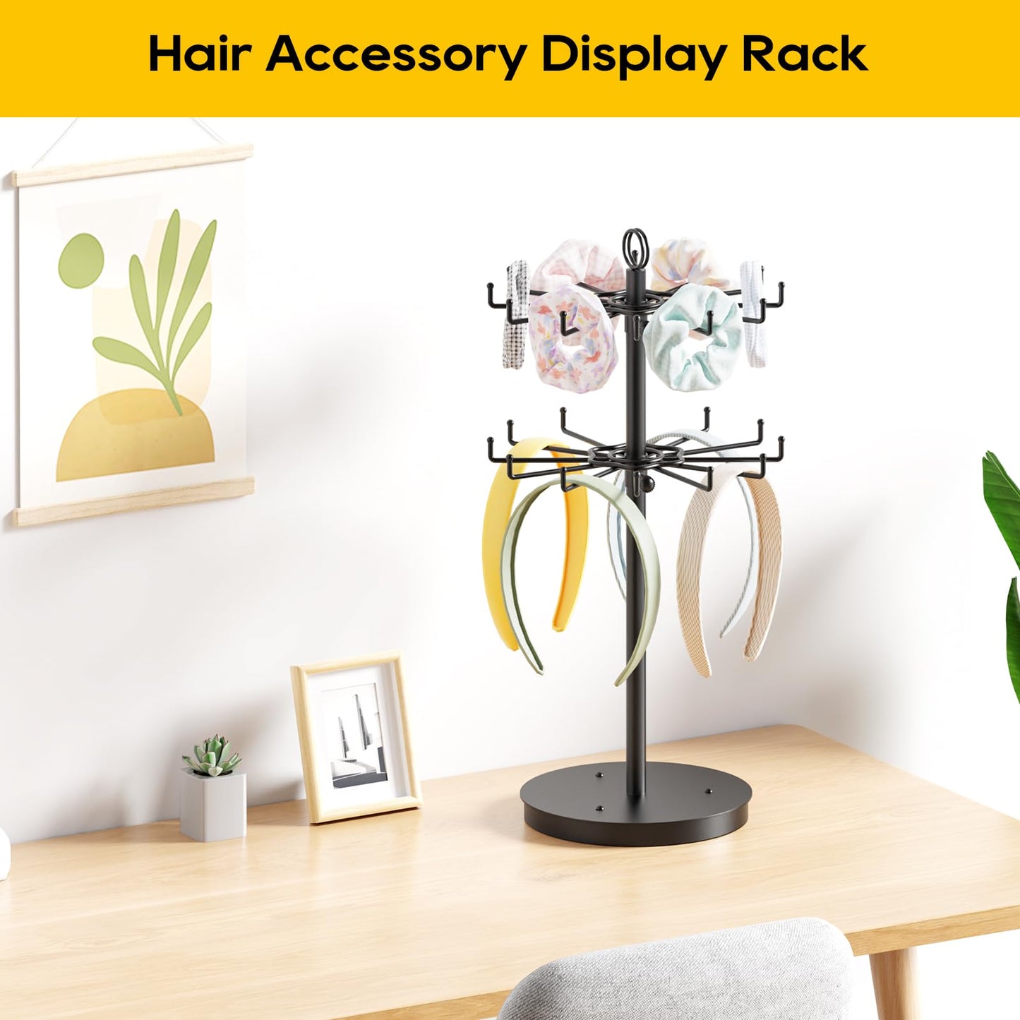 ORLESS 2 Tier Rotating Jewelry Display Stand, Keychain Display Stand with 24 Hooks, Black Metal Retail Display Spinning Holder for Vendor, Spinning Display Rack for Necklace Bracelet Earring Organizer