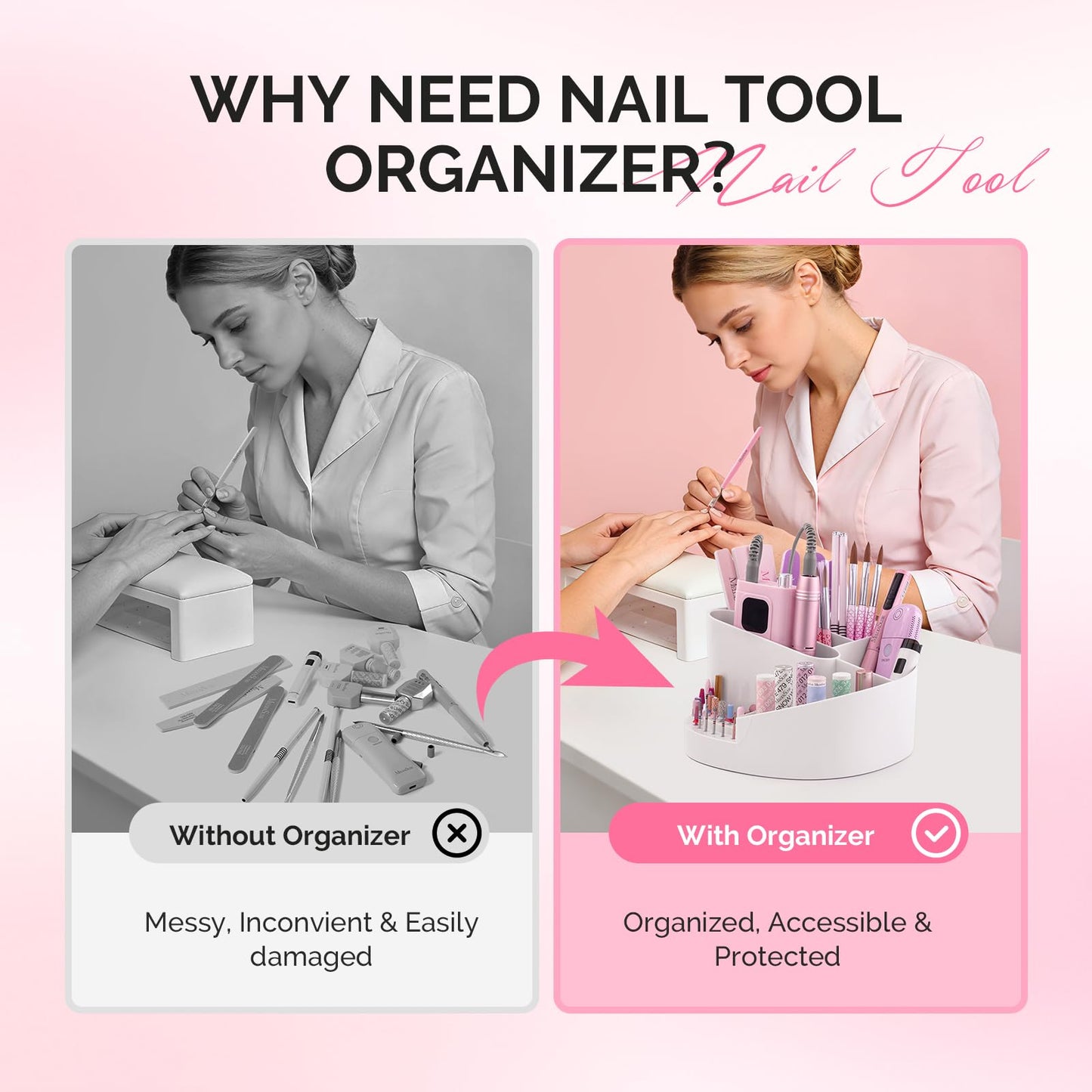 MelodySusie Nail Drill Holder and Nail Art Tools Storage Box, Large Capacity Sturdy Desk Organizer for 3/32" Nail Drill Bits, Nail Tech Supplies Container for Acrylic Salon & Home, White