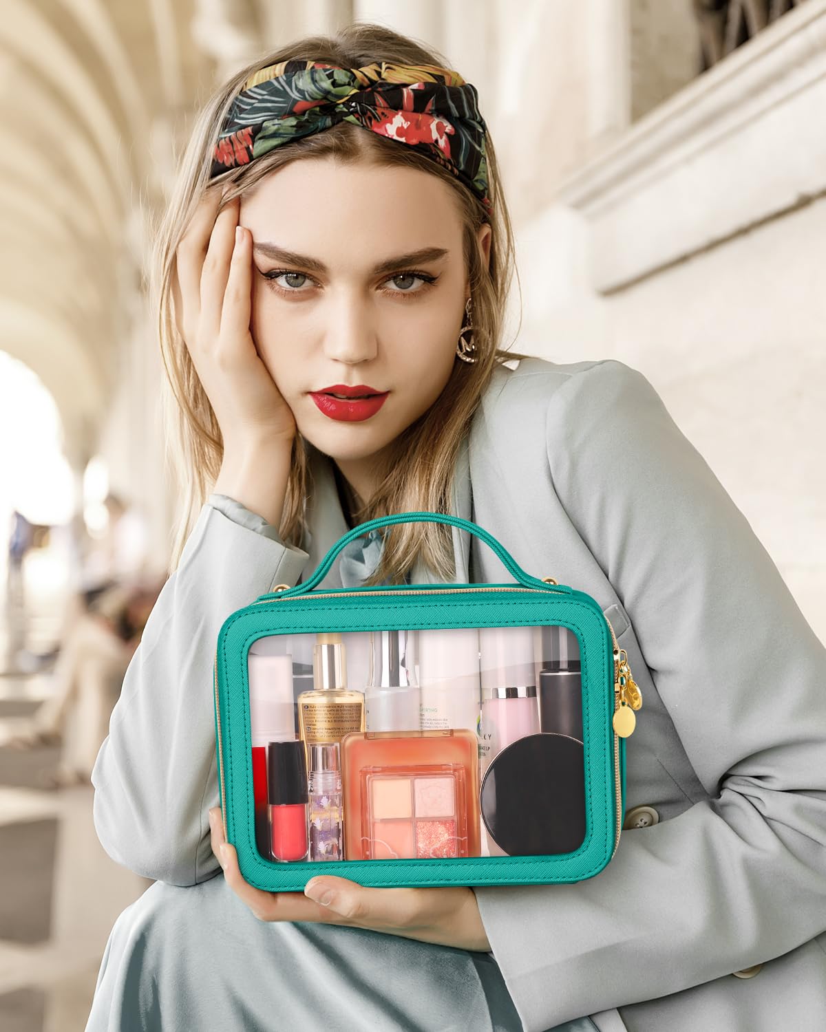 Soimeat Clear Makeup Bag, Portable Travel Cosmetic Bags, Multipurpose Leather Toiletry Bag with Zipper, Waterproof Transparent Cosmetic Organizer for Women, Medium, Green
