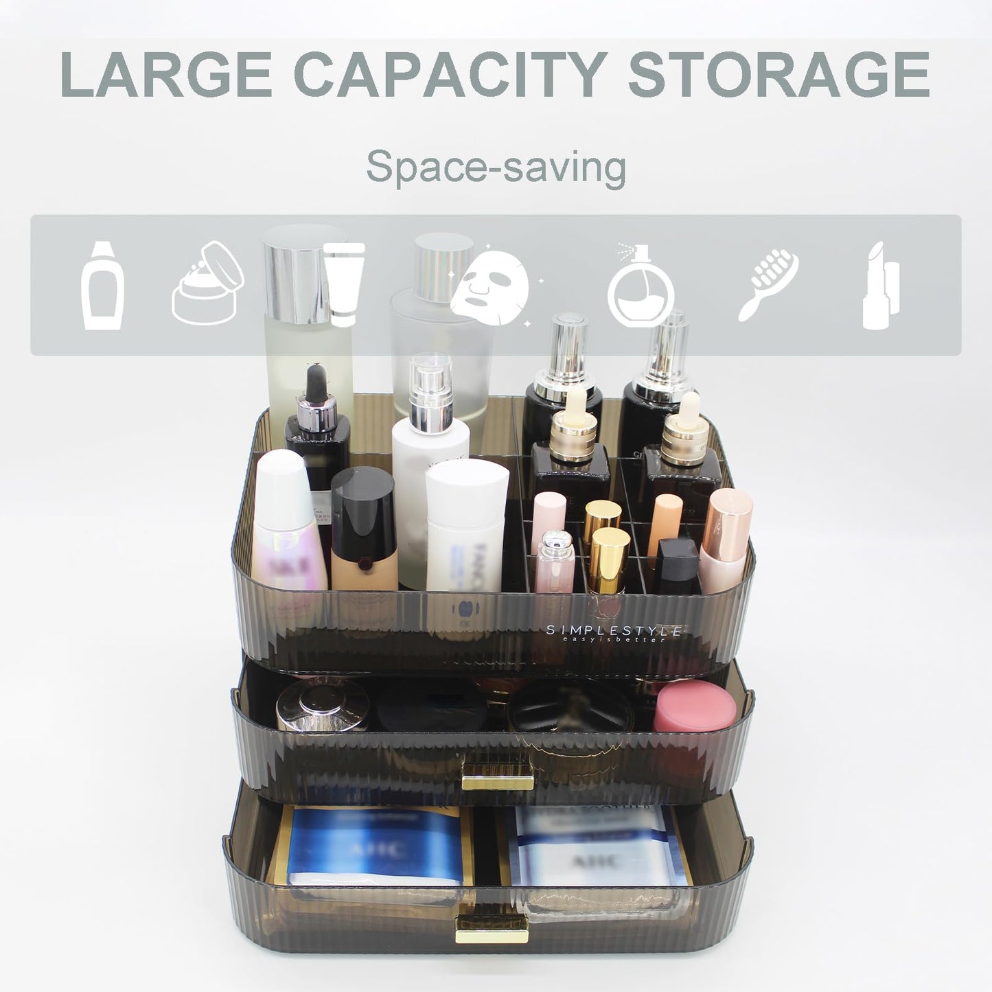 Makeup Organizer with 2 Drawers, Cosmetics Organizer for Bedroom and Bathroom Vanity Countertops, Large Capacity Cosmetic Storage Box for Skincare Cream Perfume Lipstick Dresser Counter-Black