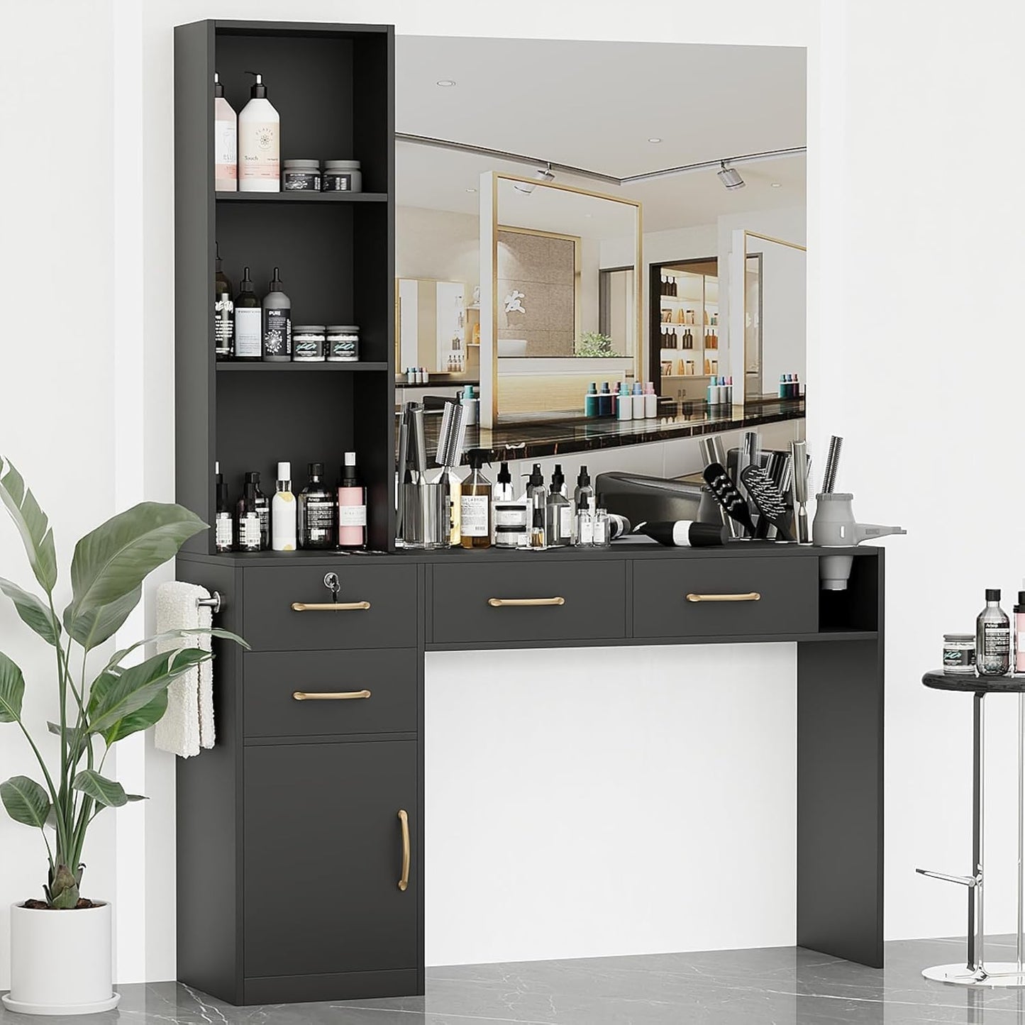 Barber Station for Hair Stylist – Salon Station with 4 Drawers (One Lockable), 1 Cabinet & Blow Dryer Holder, Modern Hair Station Barber Desk & Table for Beauty Spa or Estacion de Barberia(No Mirror)